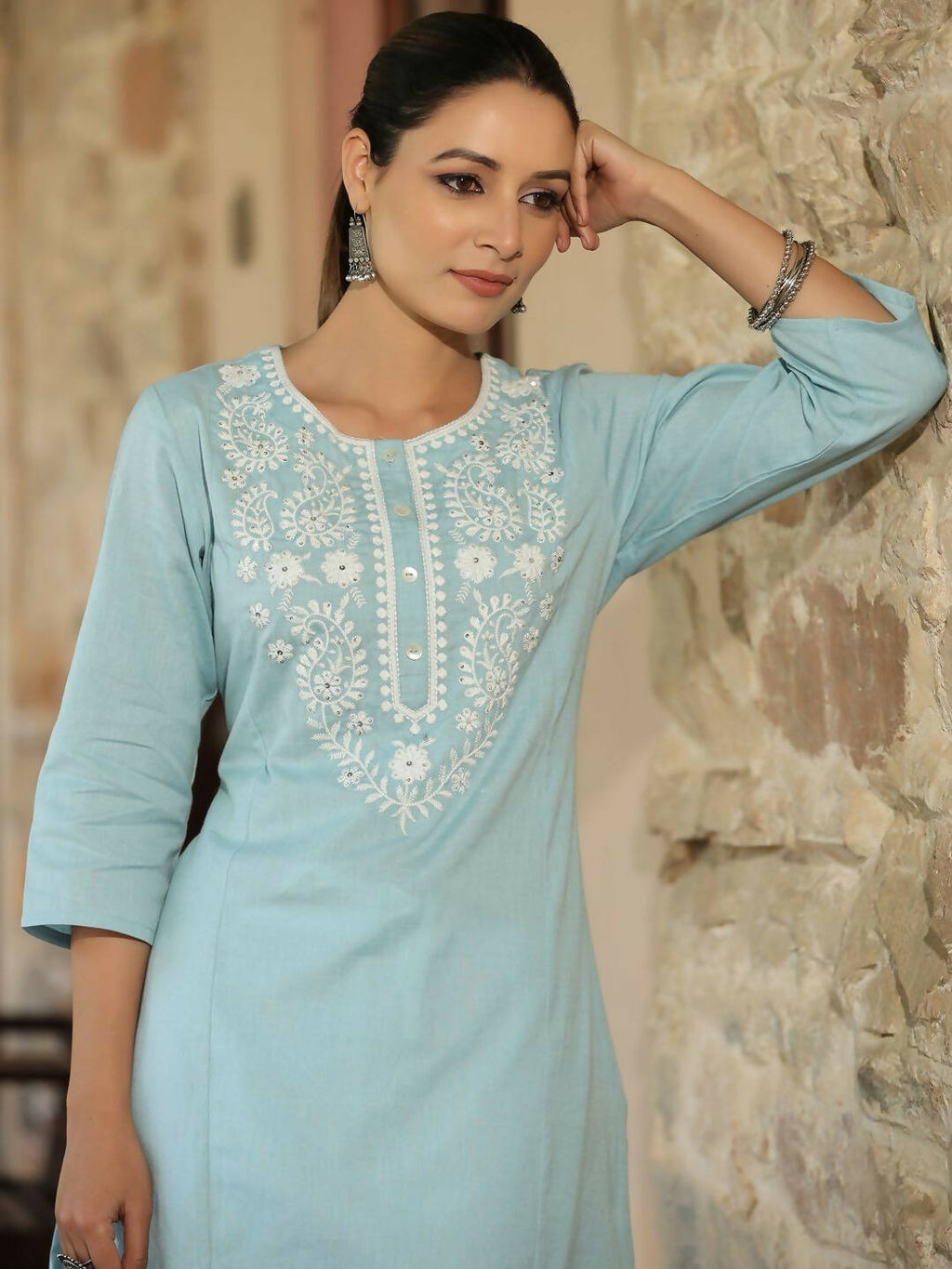 Juniper Women's Blue Cotton Flex Embroidered Straight Kurta