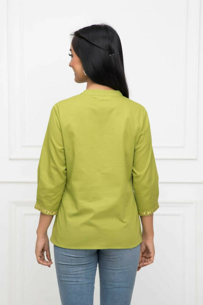 Myshka Women Green Solid Mandarin Collar Regular Sleeves Pure Cotton Top
