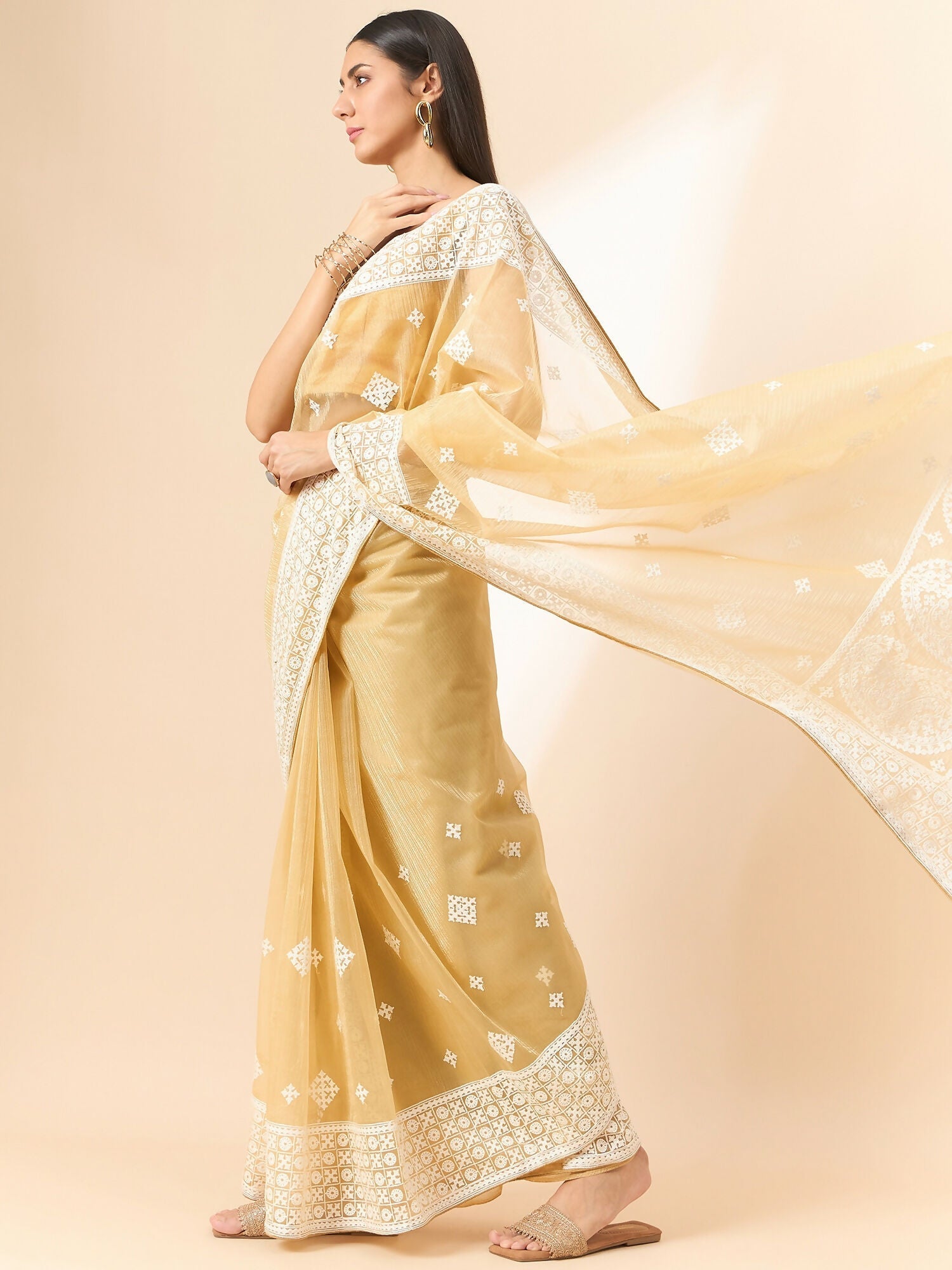 Beige Organza Geometric Embroidered Saree with Unstitched Blouse Piece - Roozal
