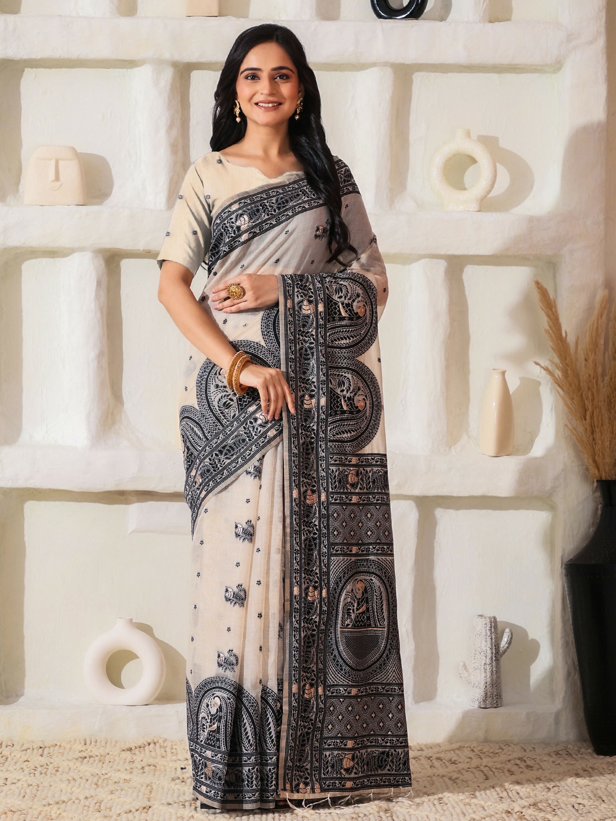 Shree Shyam Fashion Linen Cotton Black & Cream Saree