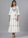 Juniper Women Off-White Cotton Dobby Embroidered Tiered Maxi Dress