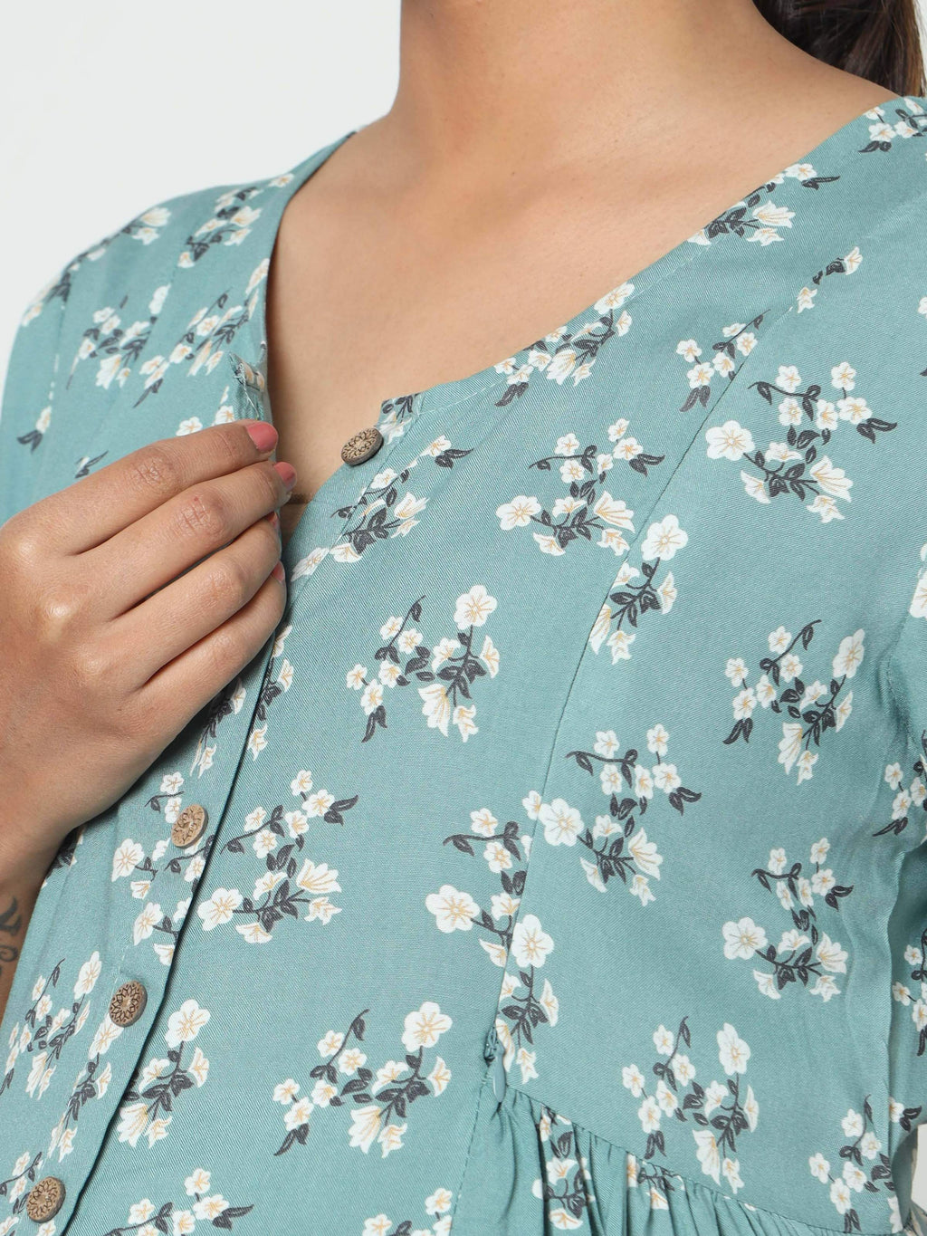 Manet Short Sleeves Maternity Dress Floral Print With Concealed Zipper Nursing Access - Green