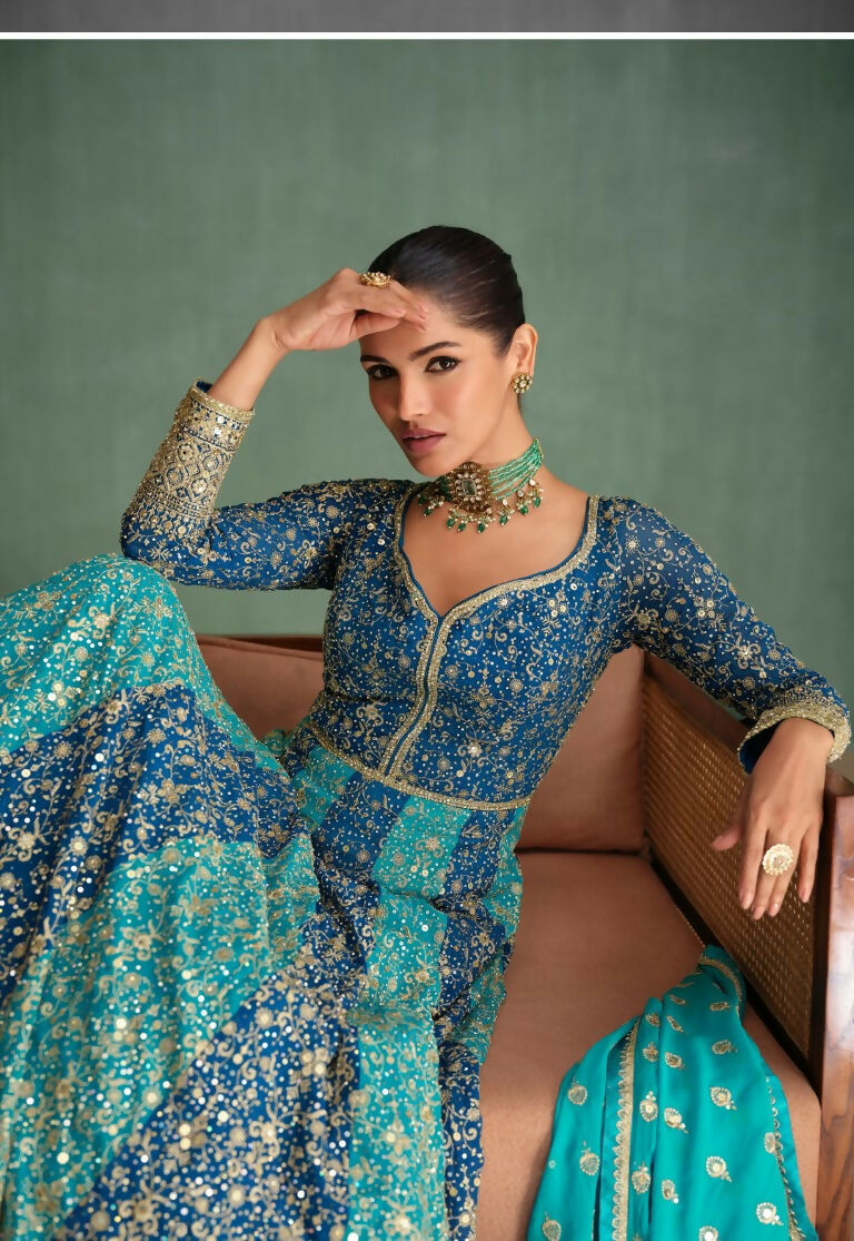 Vastranavya Blue Embroidered Sequence Work With swarovski Diamond Anarkali Salwar Suit Set
