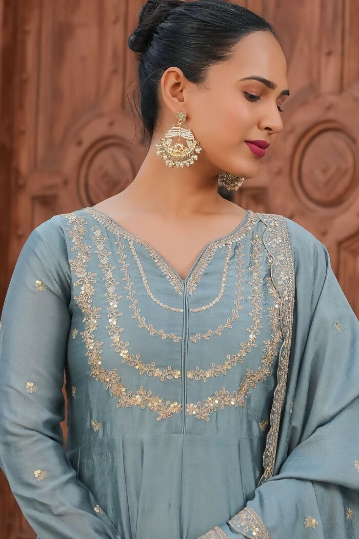 The52 Teal Blue Women's Gorgeous Vichitra Silk Fabric Embroidered Work Flared Anarkali Pant and Dupatta Set