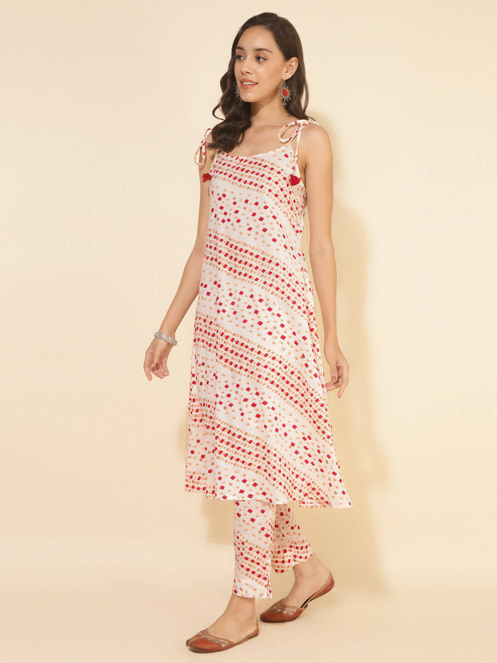 Janasya Women's White Cotton Geometric Printed Casual A-line Co-ords