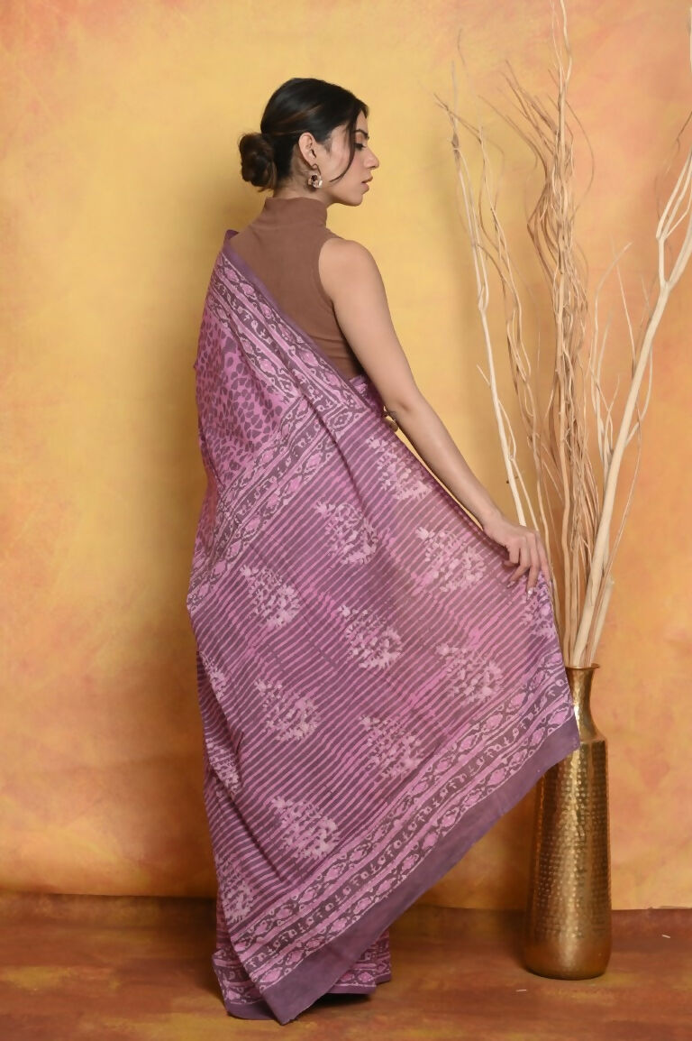 Very Much Indian Handblock Printed Cotton Saree With Natural Dyes - Pink
