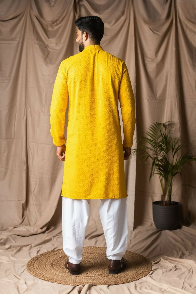 Light Yellow Rayon Thread Embroidery Work Kurta Set - Mahotsav
