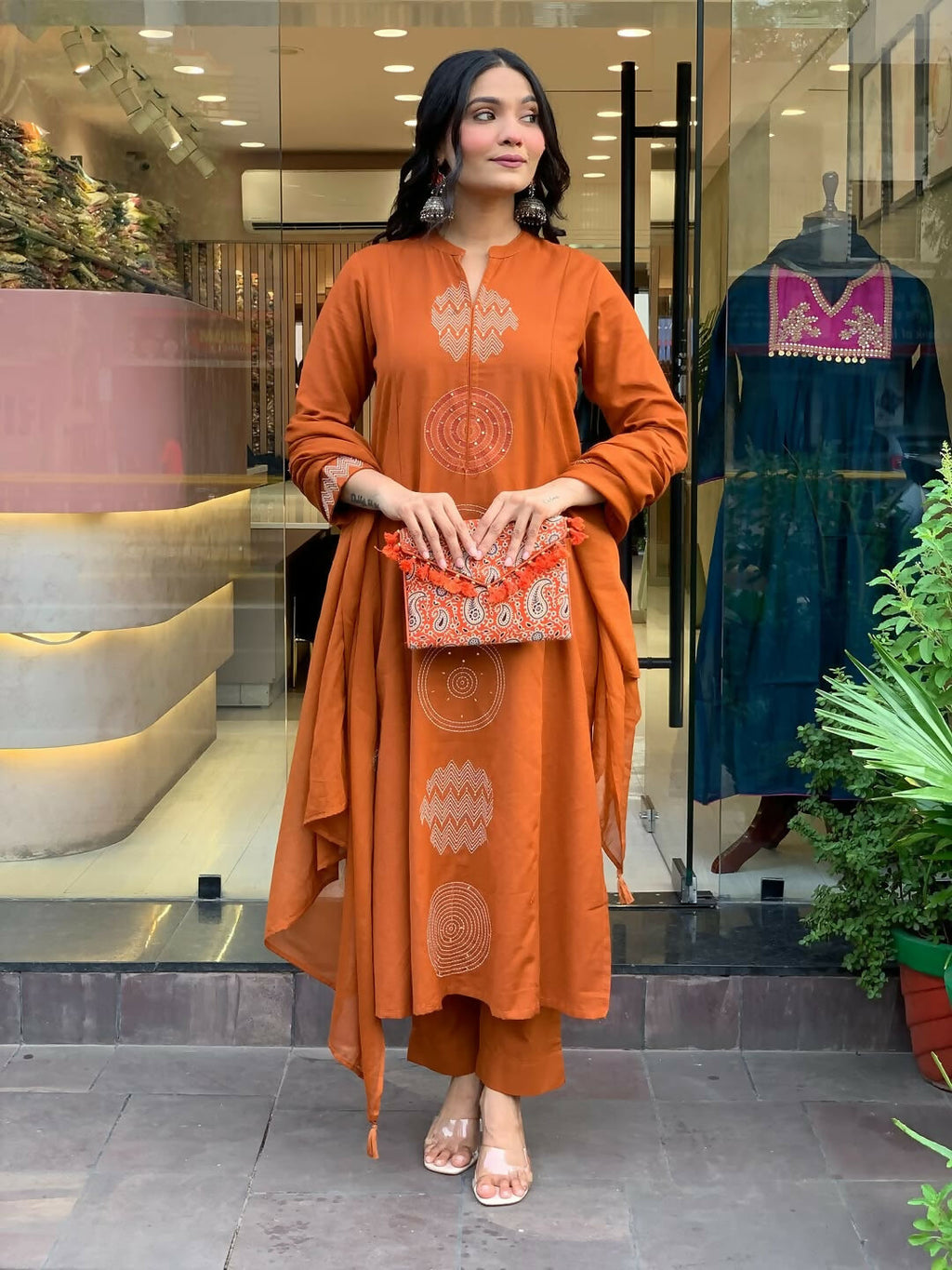 The52 Orange Women's Gorgeous Chanderi Fabric Embroidered Work Straight Kurta Pant and Dupatta Set