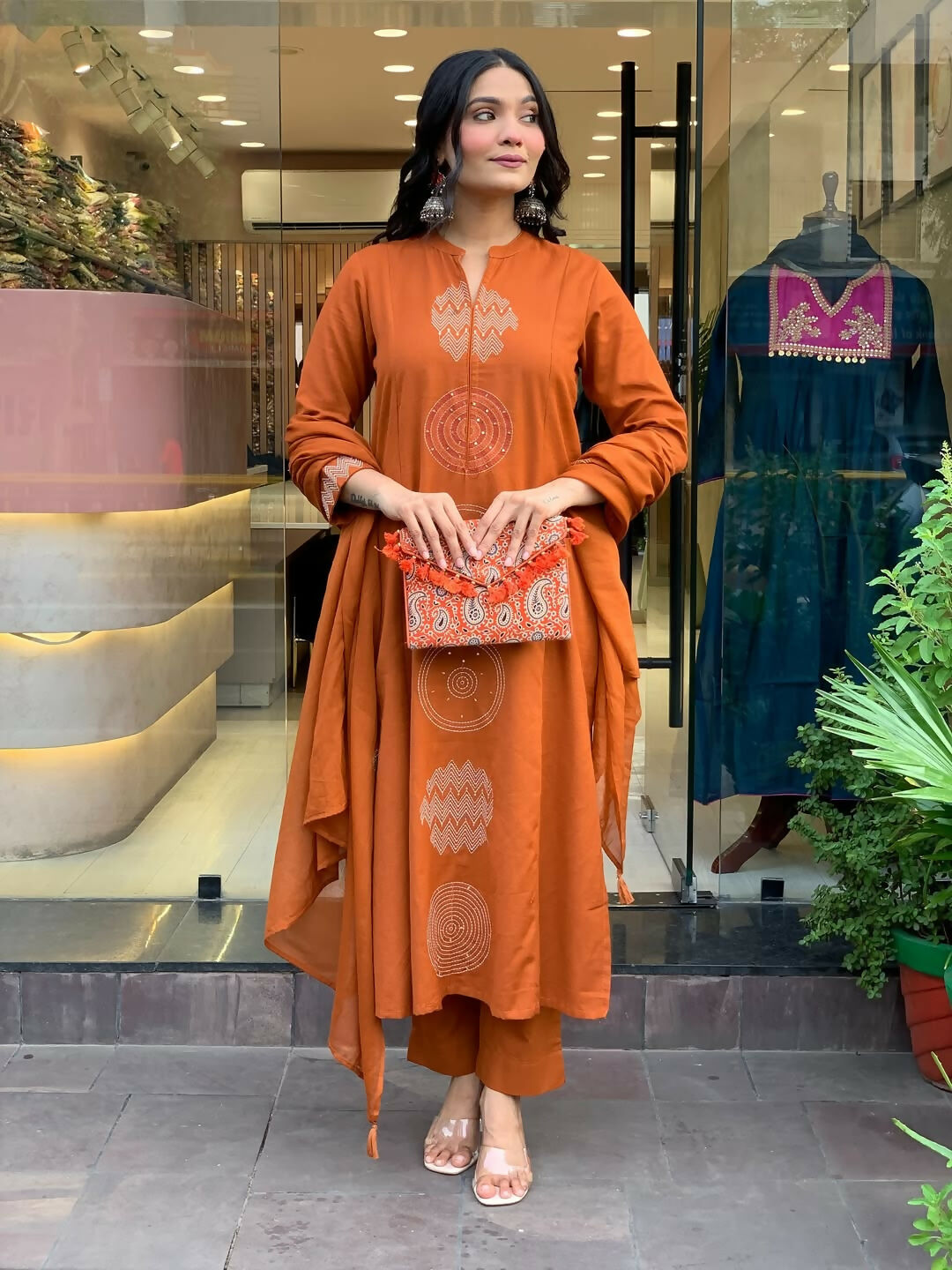 The52 Orange Women's Gorgeous Chanderi Fabric Embroidered Work Straight Kurta Pant and Dupatta Set