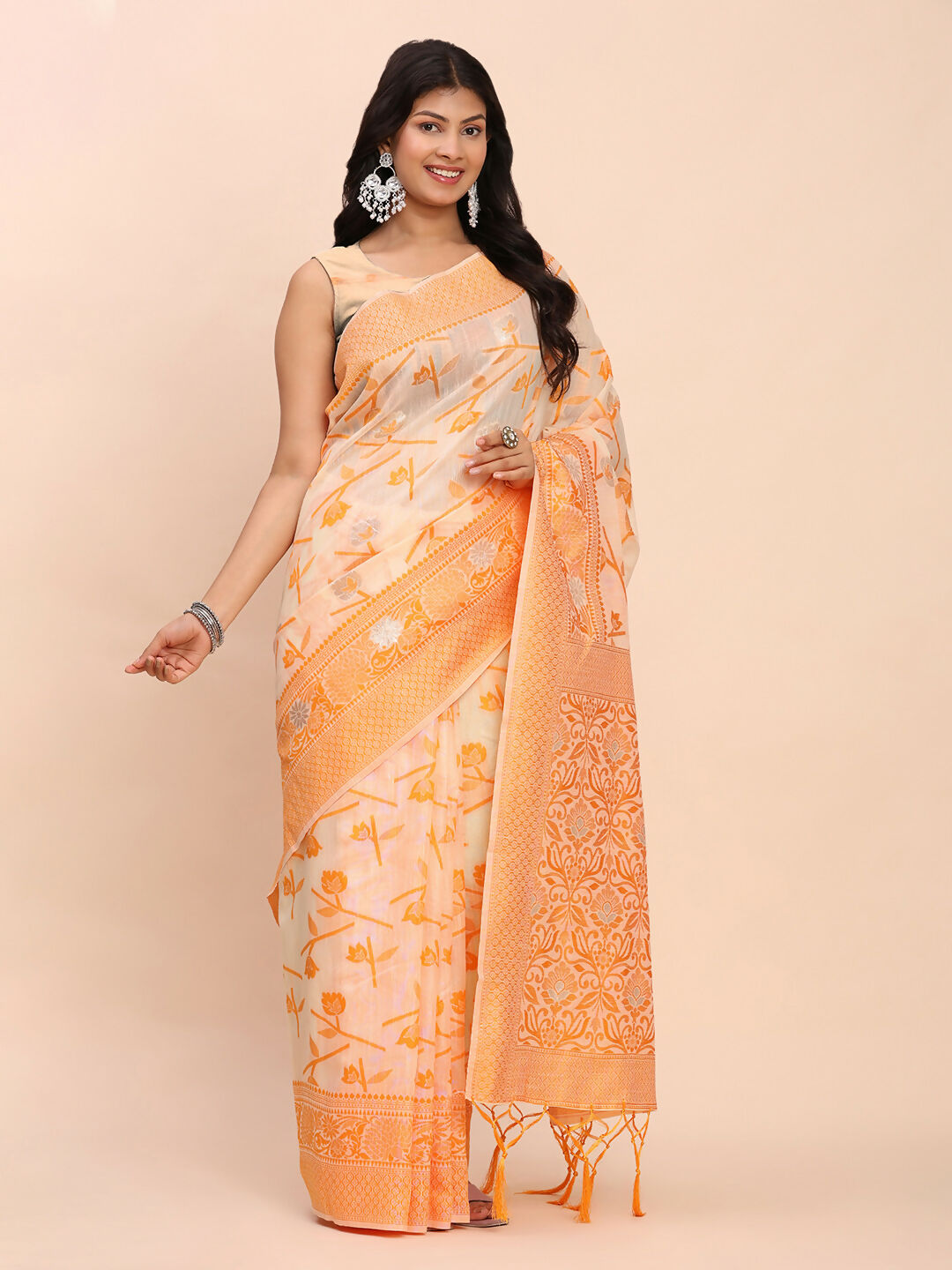 Shree Shyam Fashion Linen Cotton Orange Saree