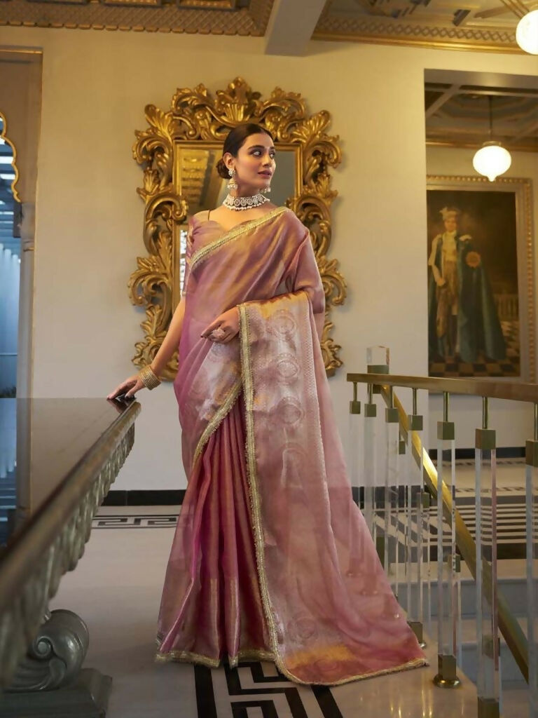 Vastranavya Baby Pink Tissue Shimmer Zari Weaving Work Saree with Unstitched Blouse