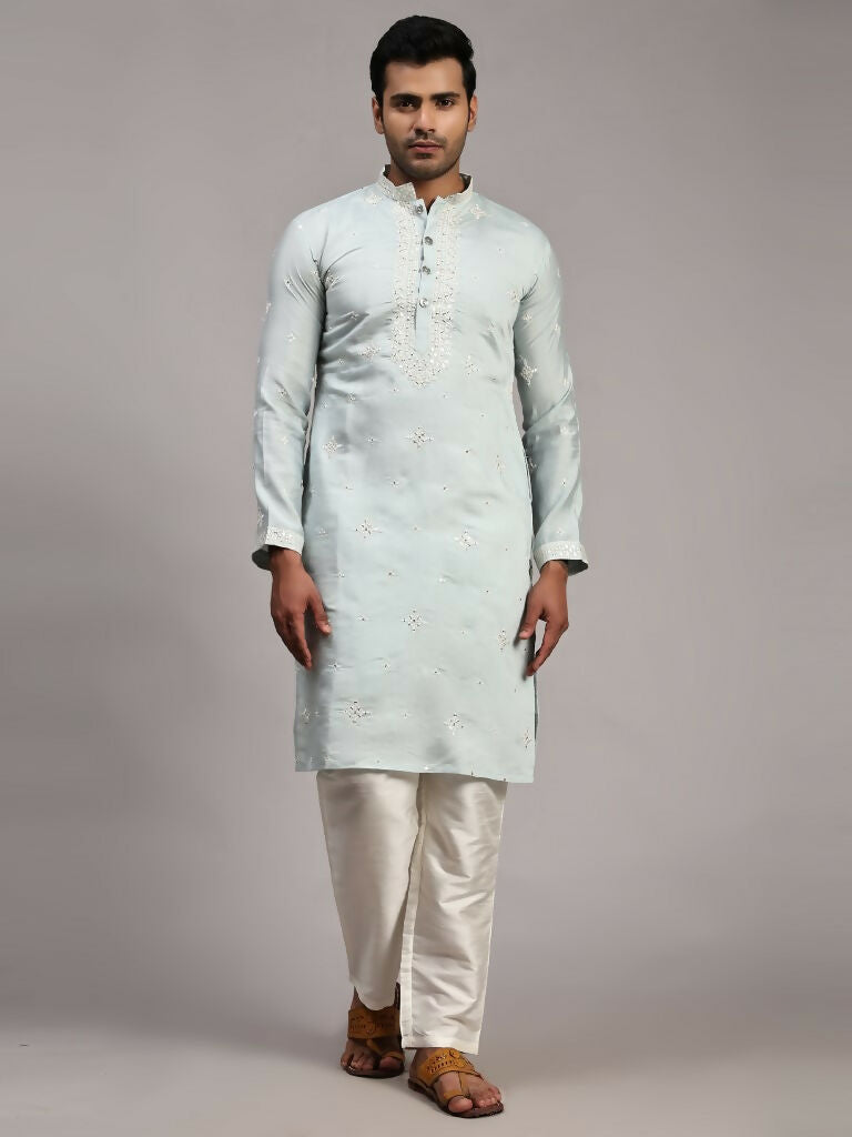 Light Blue Silk Designer Embroidery Work Men's Rajwadi Kurta Set - Mahotsav