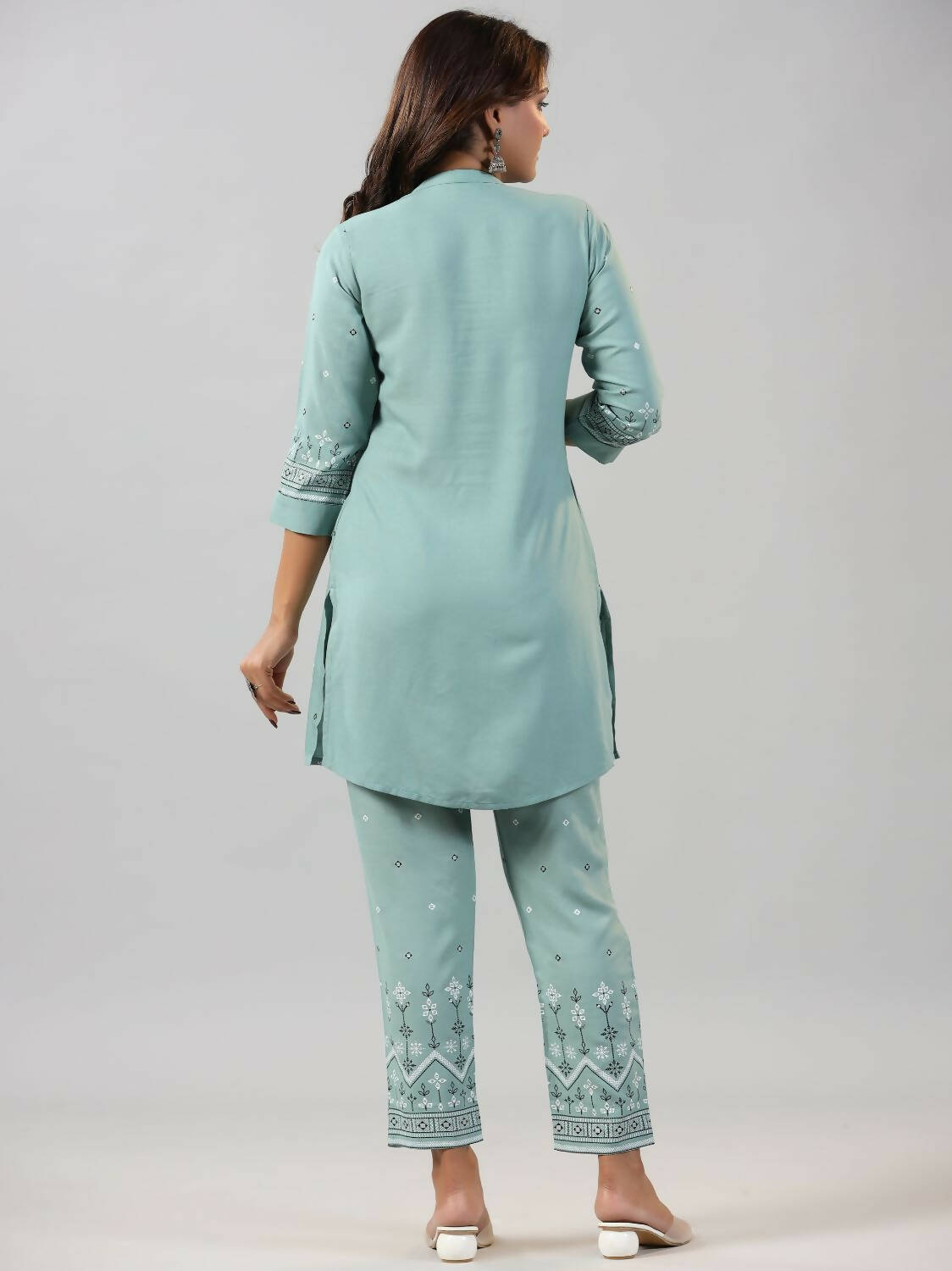 Juniper Women Sage Green Rayon Staple printed Kurta and Pants Set