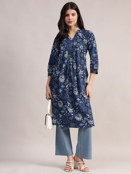 Aavyora Women's Navy Blue Floral Printed Cotton A-Line Kurta with Pintuck Detailing