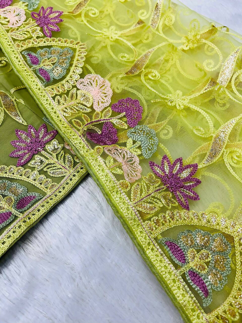 Vastranavya Soft Crush Georgette With Embroidery and Foil Multi Thread Work Saree - Light olive