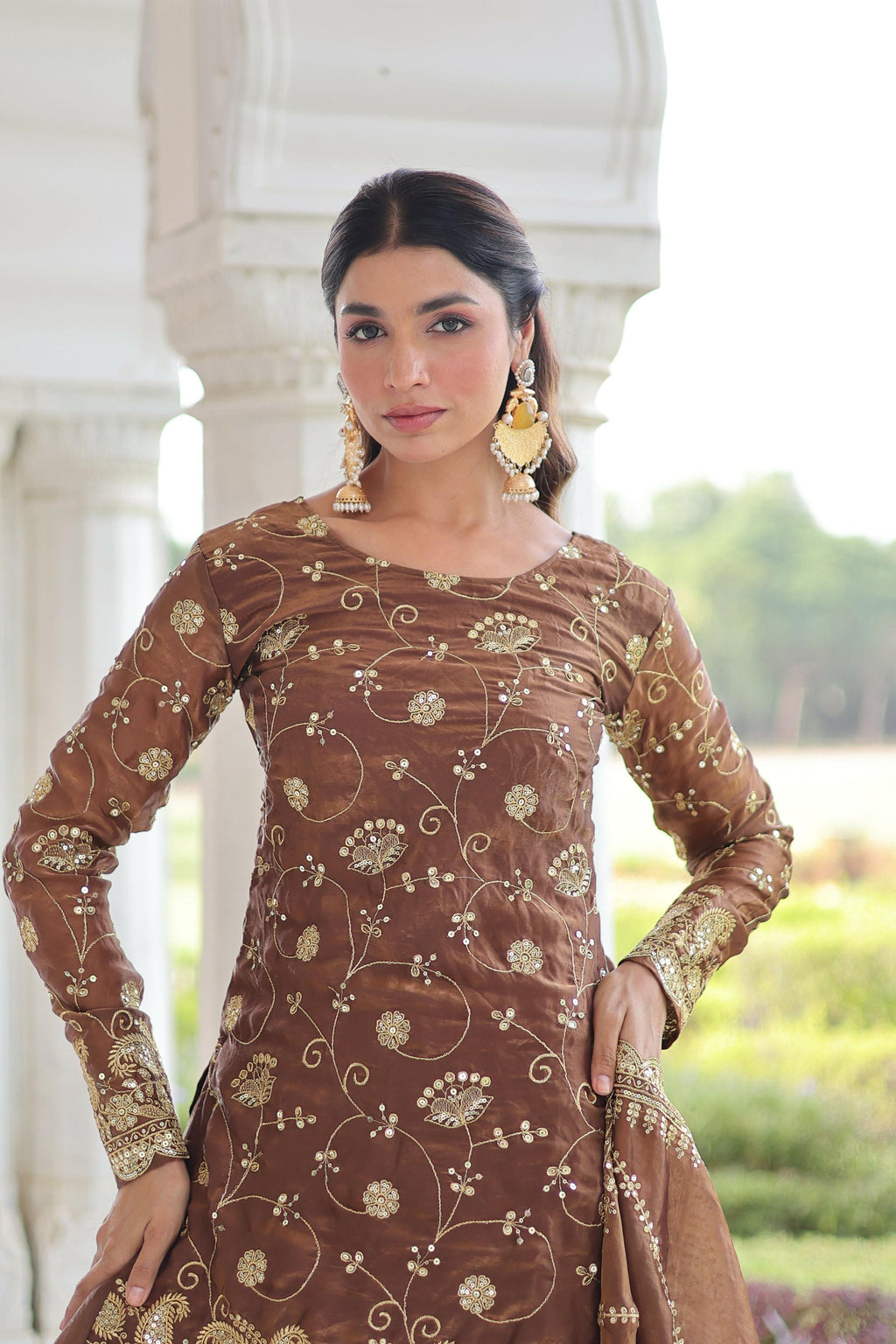Joban Fashion Coffee Readymade Kurta Set With Sequence embroidery Work