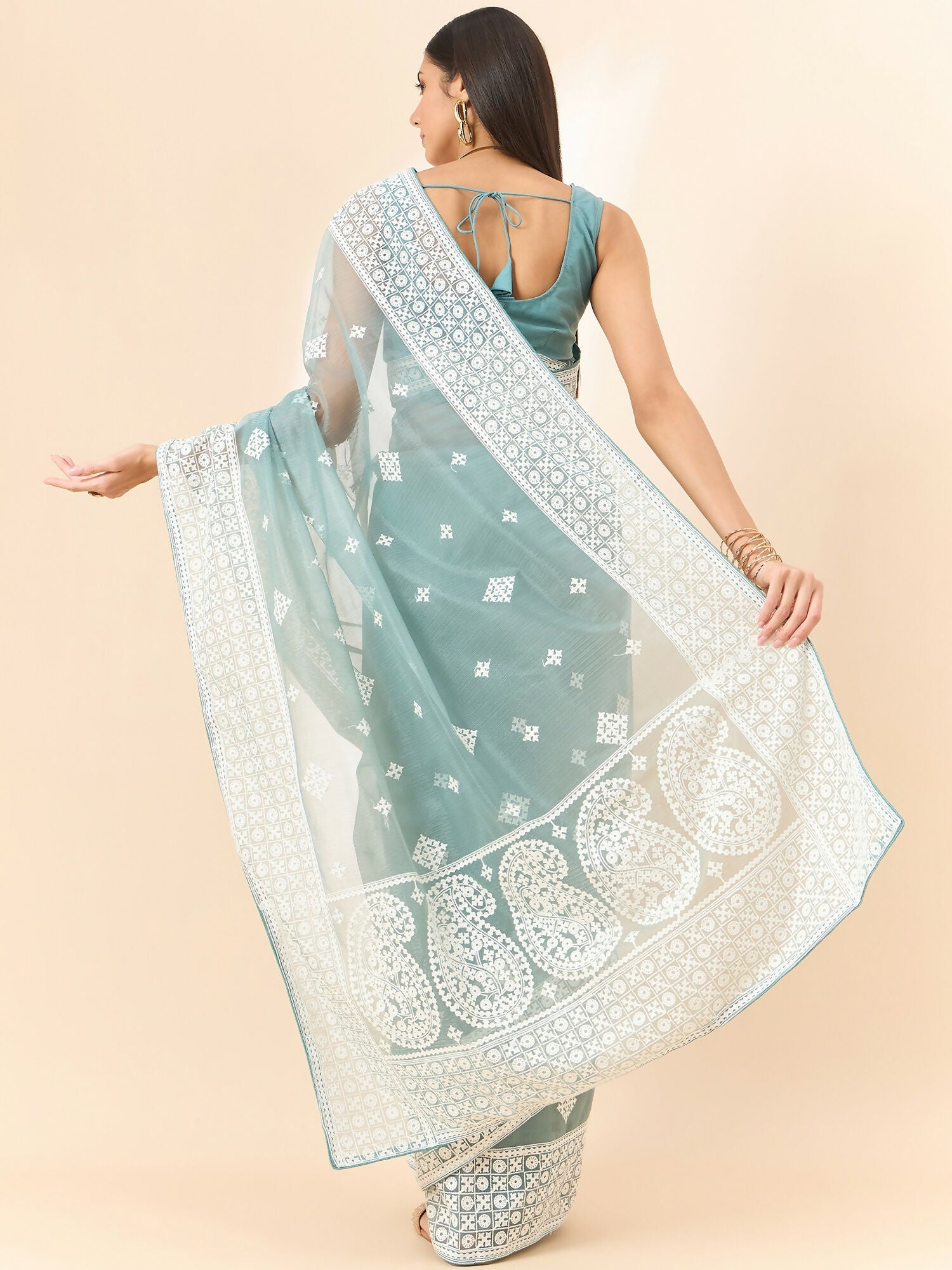 Blue Organza Geometric Embroidered Saree with Unstitched Blouse Piece - Roozal