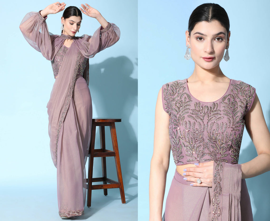 Purple Fancy Pure Fabric Plain Ready to wear Saree with stitched Blouse - Vrinda