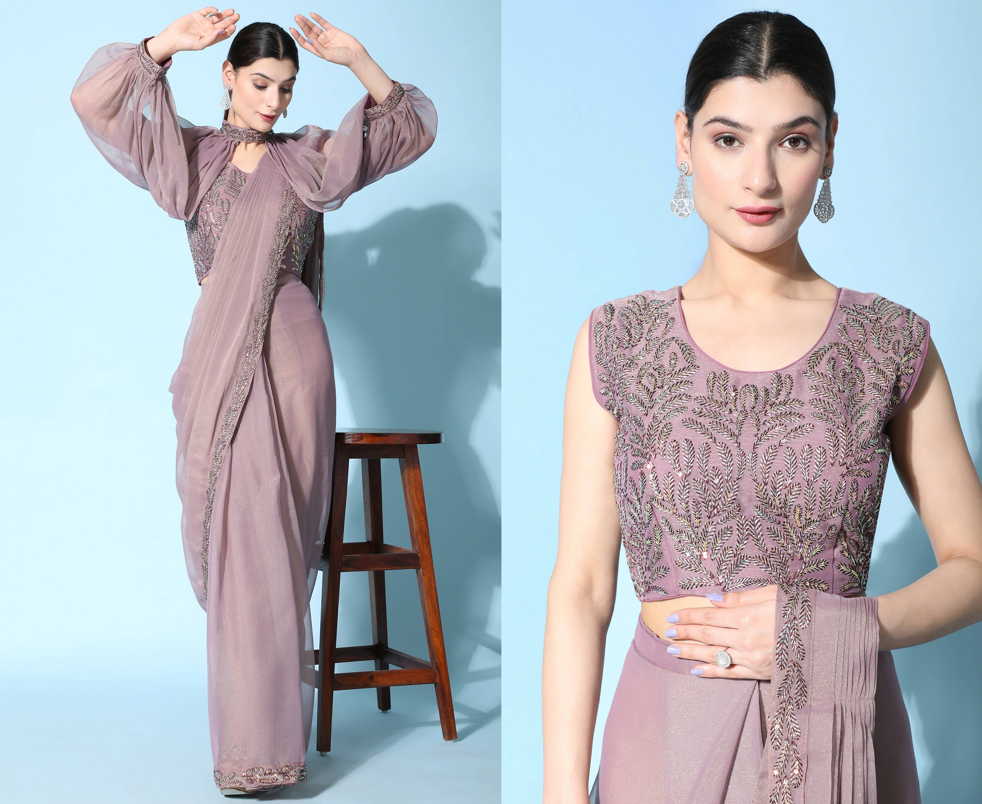 Purple Fancy Pure Fabric Plain Ready to wear Saree with stitched Blouse - Vrinda