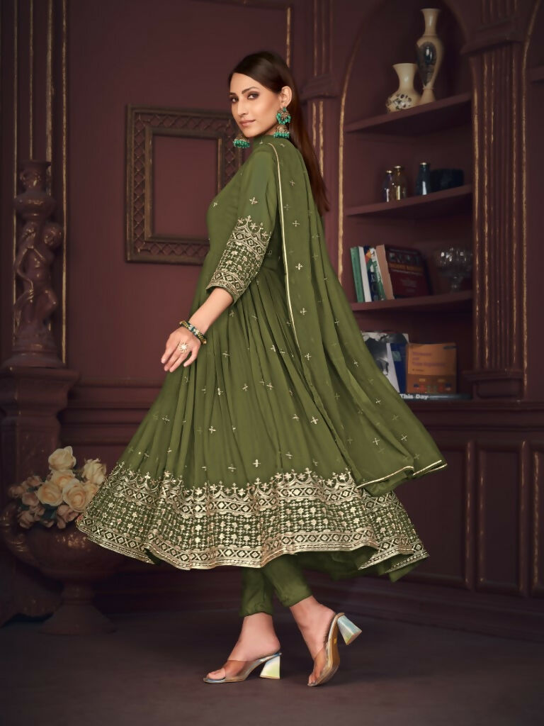 Jyoti Fashion Women's Olive Green Georgette Embroidered Anarkali Kurta Pant Set With Dupatta