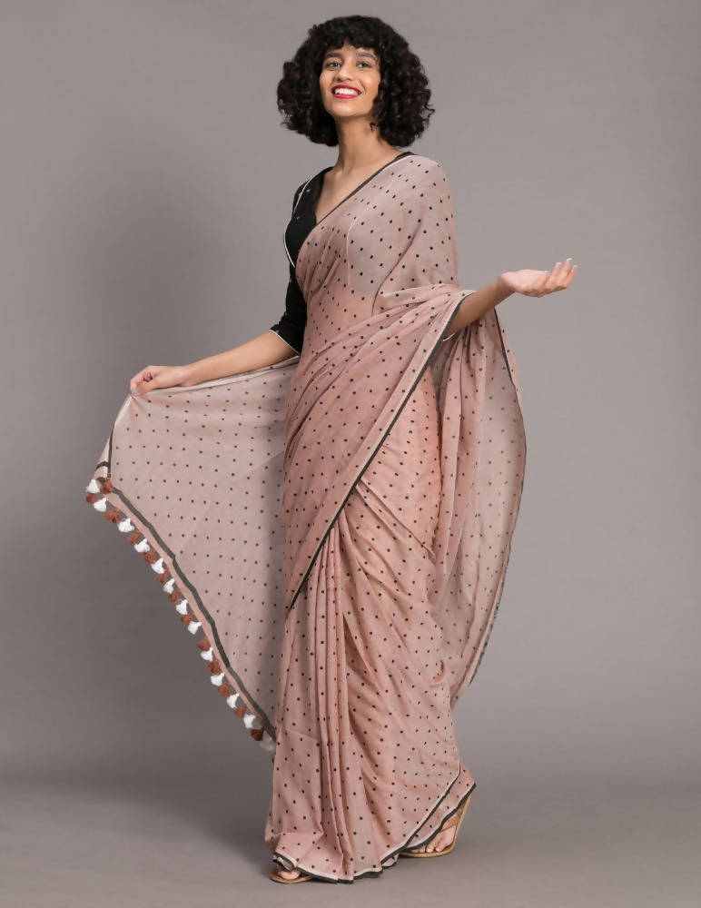 Suta Brown Black Polka Dots Printed Pure Cotton Saree