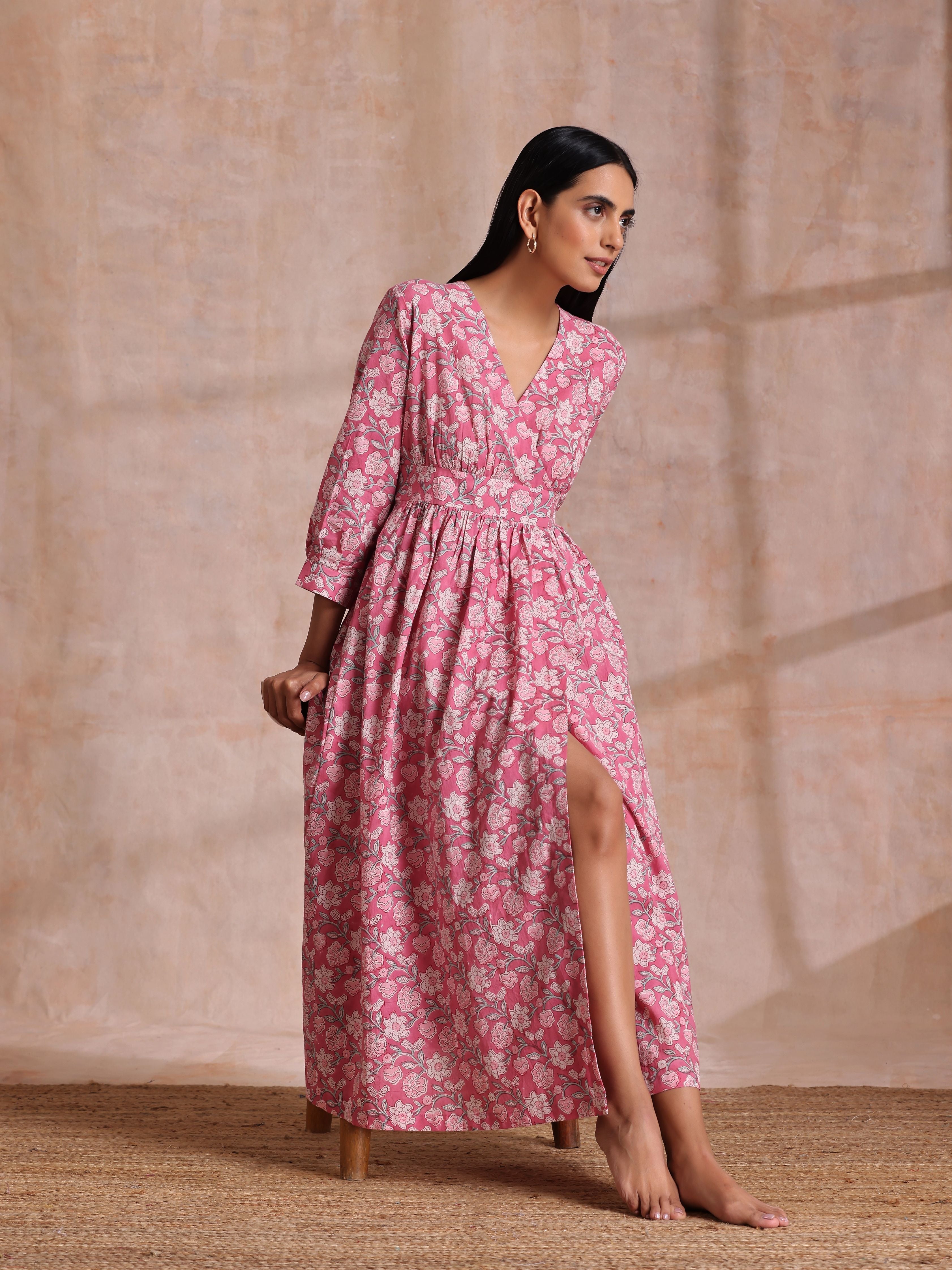trueBrowns Pink Overall Floral Block Print Cotton Wrap Dress