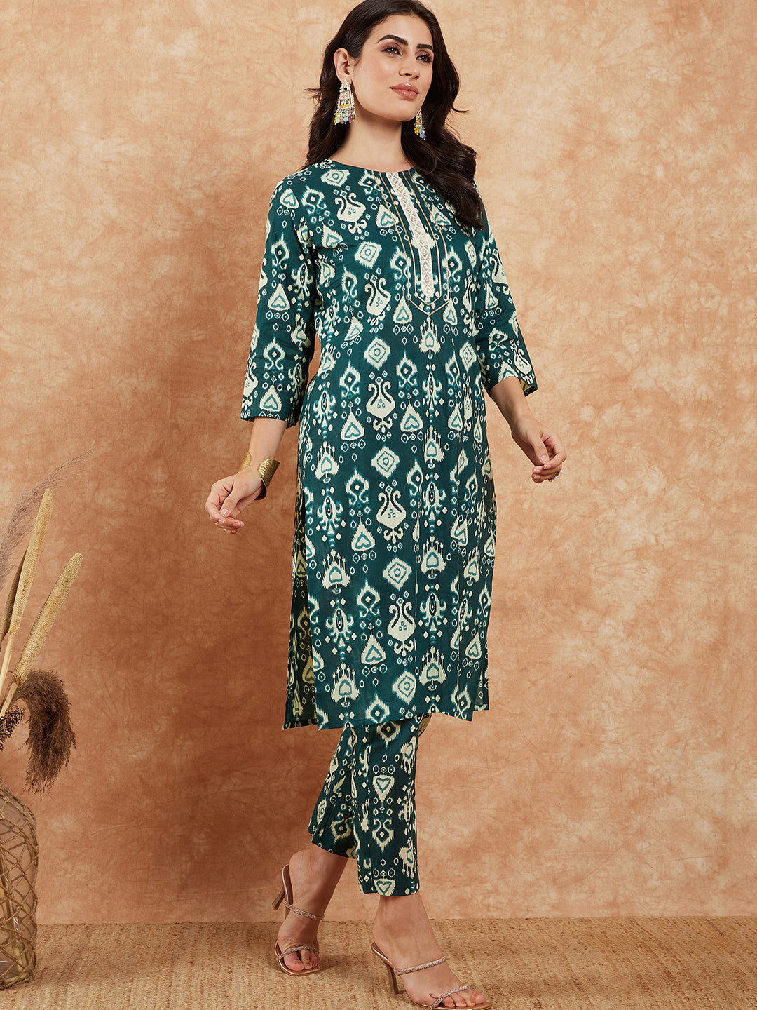 InWeave Women's Peacock Blue Ikkat Print Gota Work Straight Kurta Pant Set