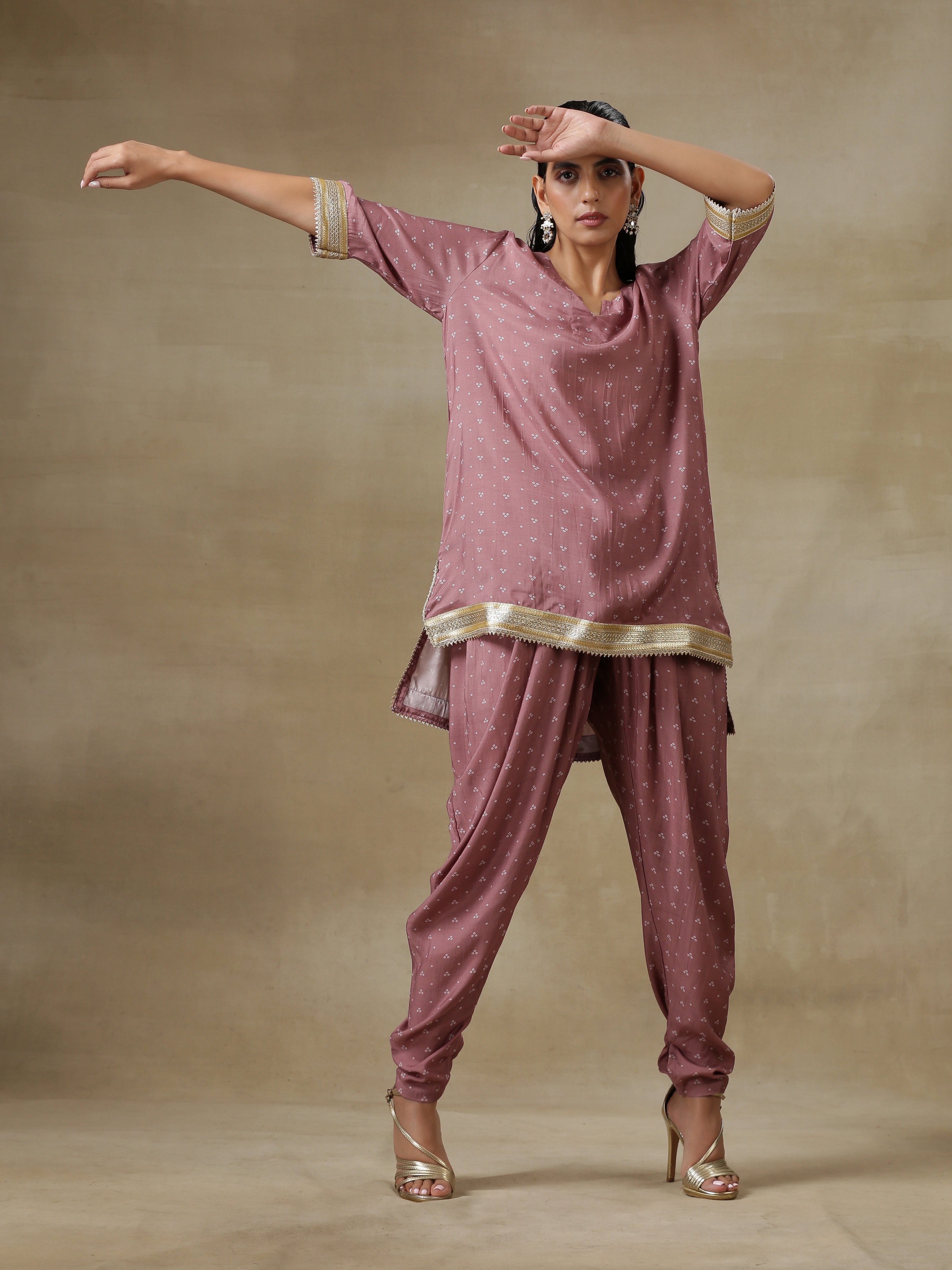 trueBrowns Dark Mauve Bandhani Printed Silk Loose Kurta Dhoti Pant Set