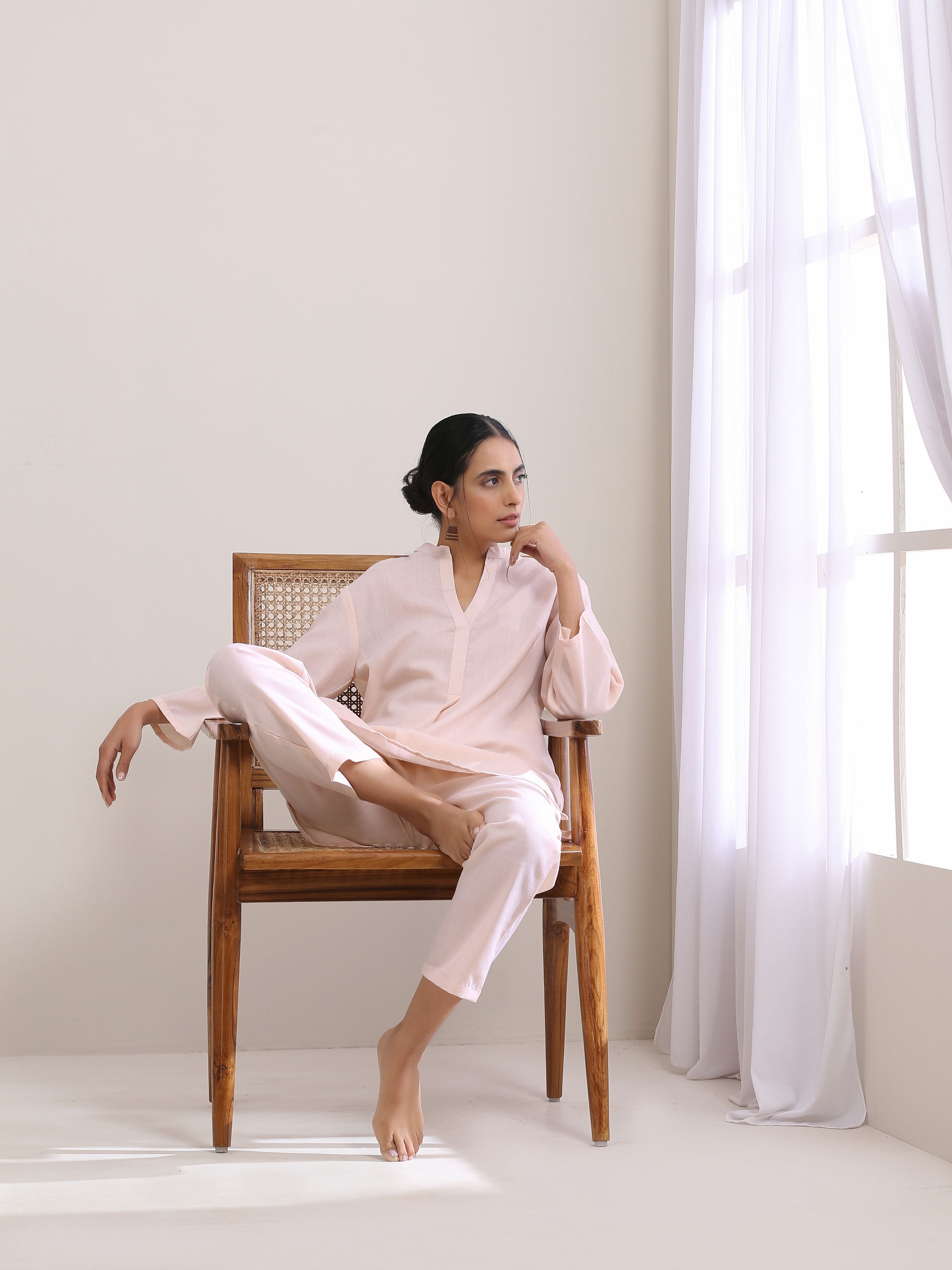 trueBrowns Pink Slub Relaxed Fit Co-Ord Set