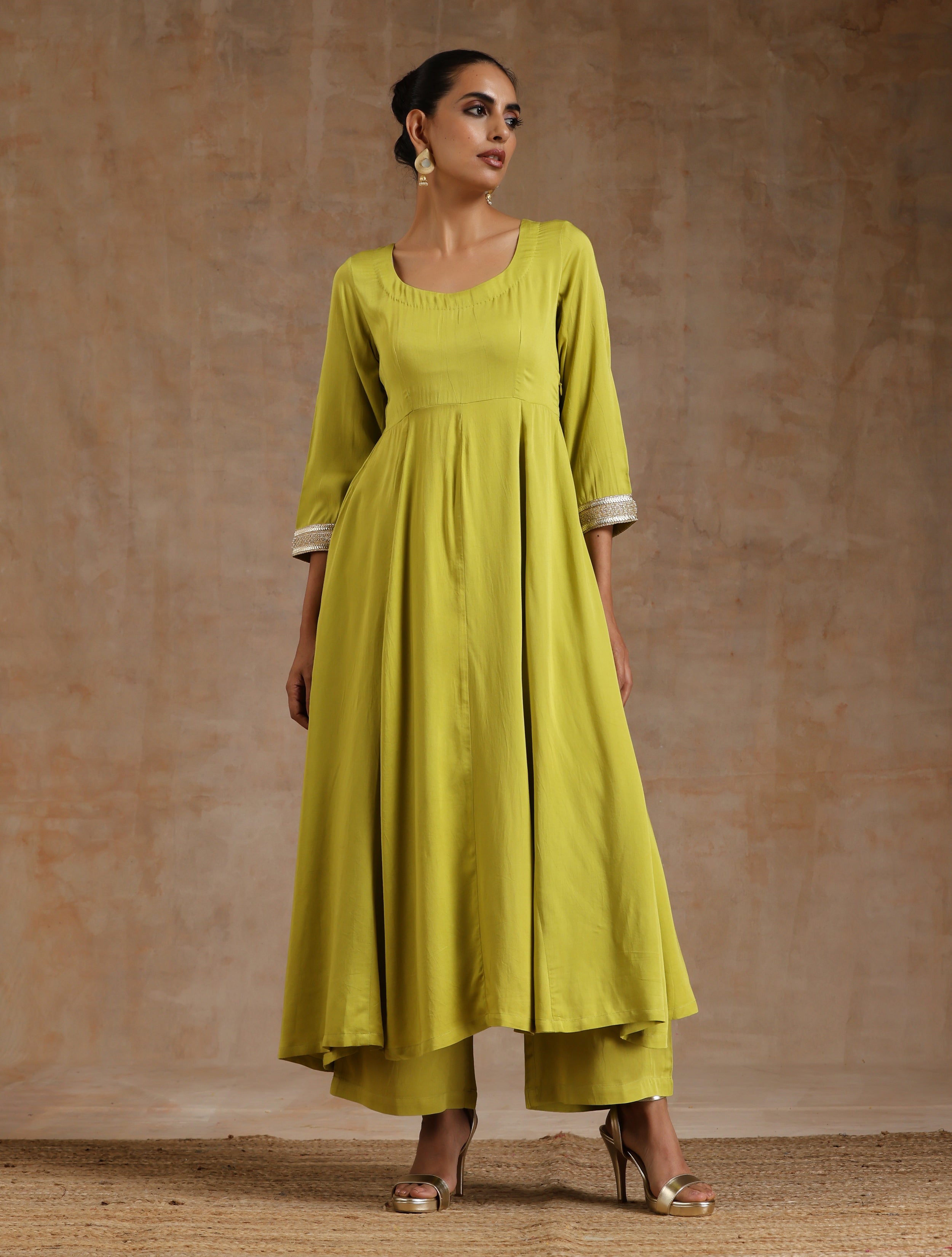 trueBrowns Lime Modal Satin Anarkali Set