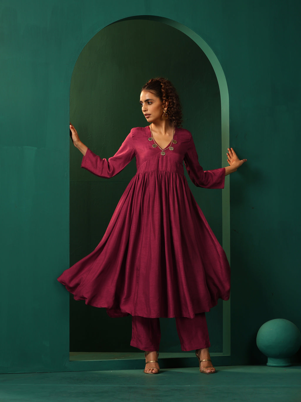trueBrowns Maroon Silk Angrakha Kurta Pant Set