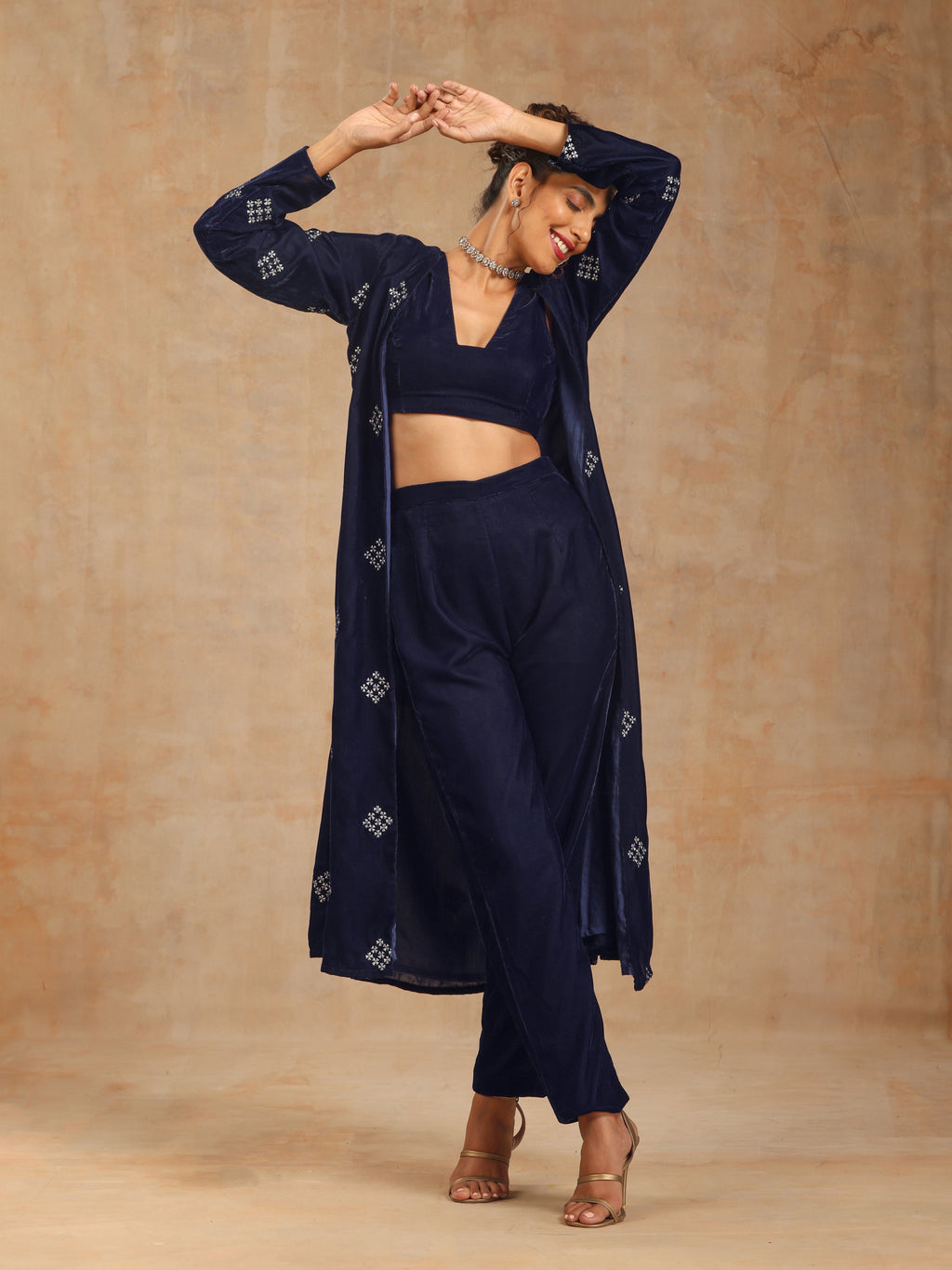trueBrowns Midnight Blue Velvet Embroidered Jacket Set | Relove