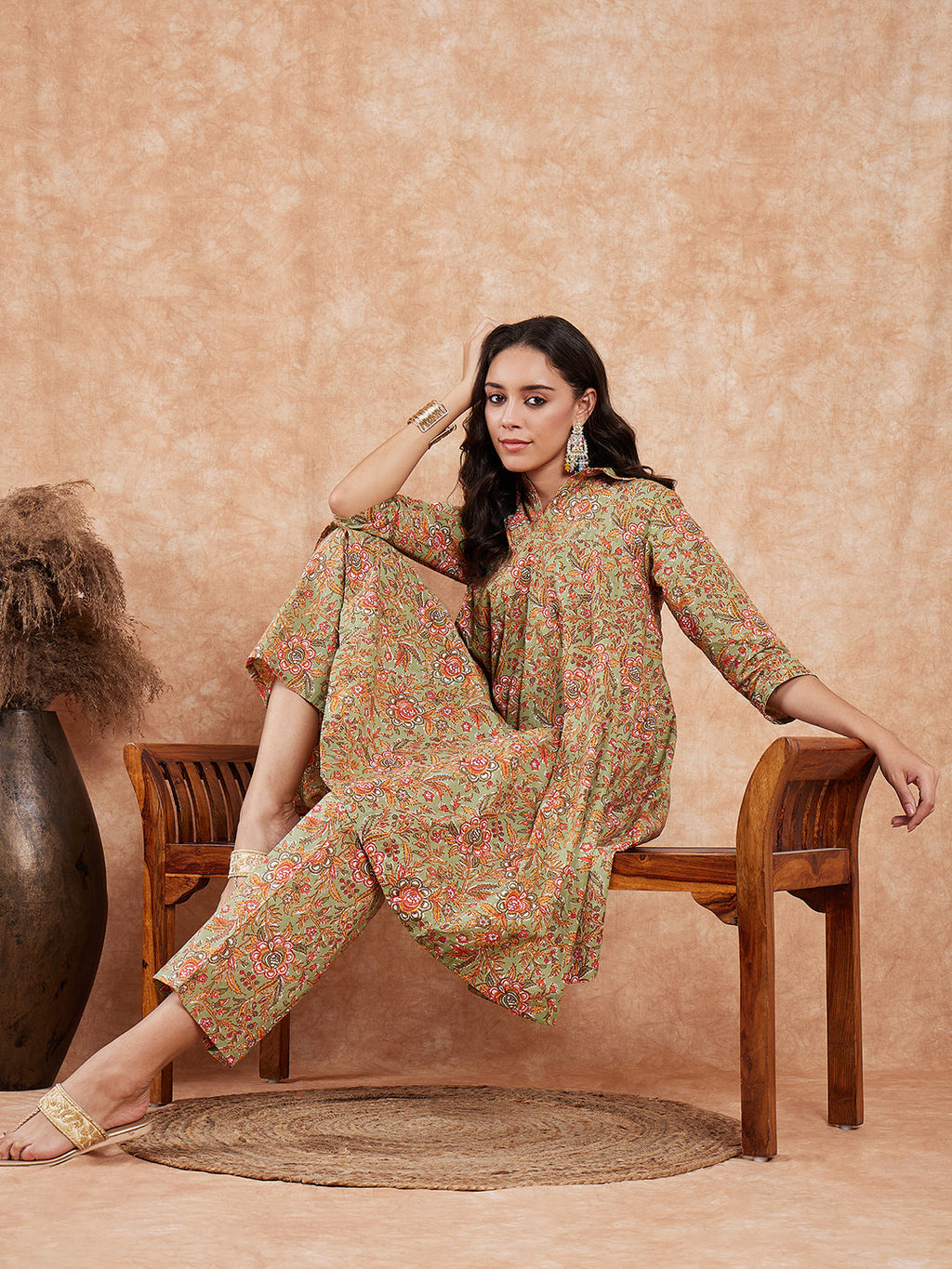 InWeave Women's Pear Green Orange Floral Print Flared Kurta Pant Set