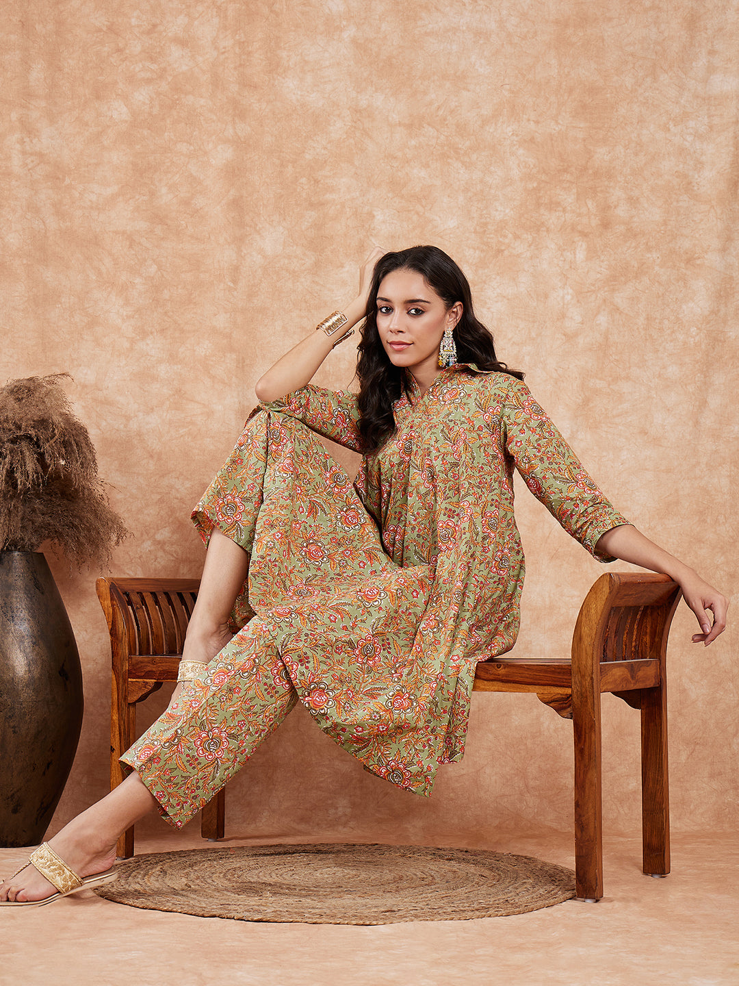 InWeave Women's Pear Green Orange Floral Print Flared Kurta Pant Set