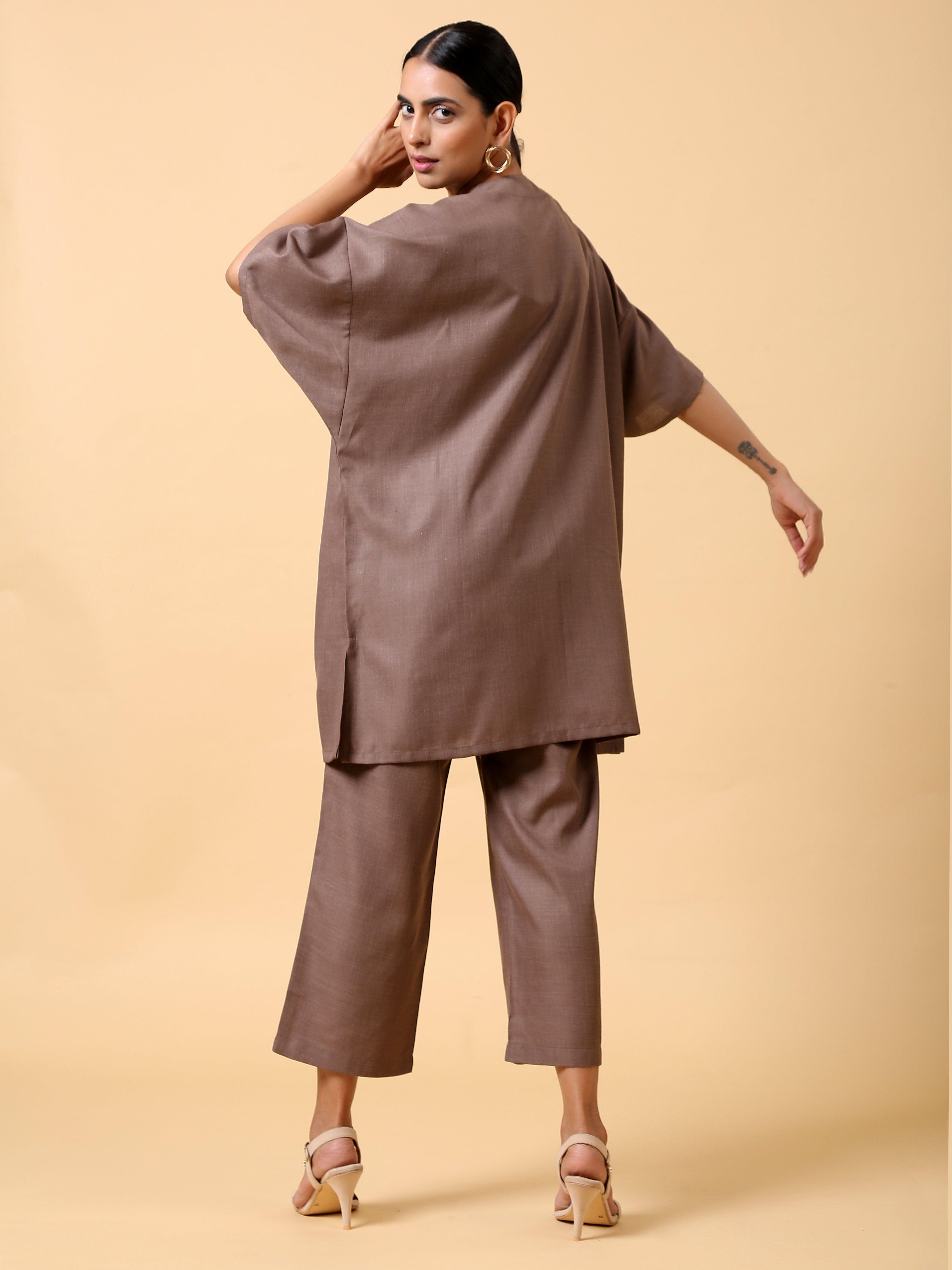 trueBrowns Cotton Linen Burnt Brown Boxy Fit Co-Ord Set