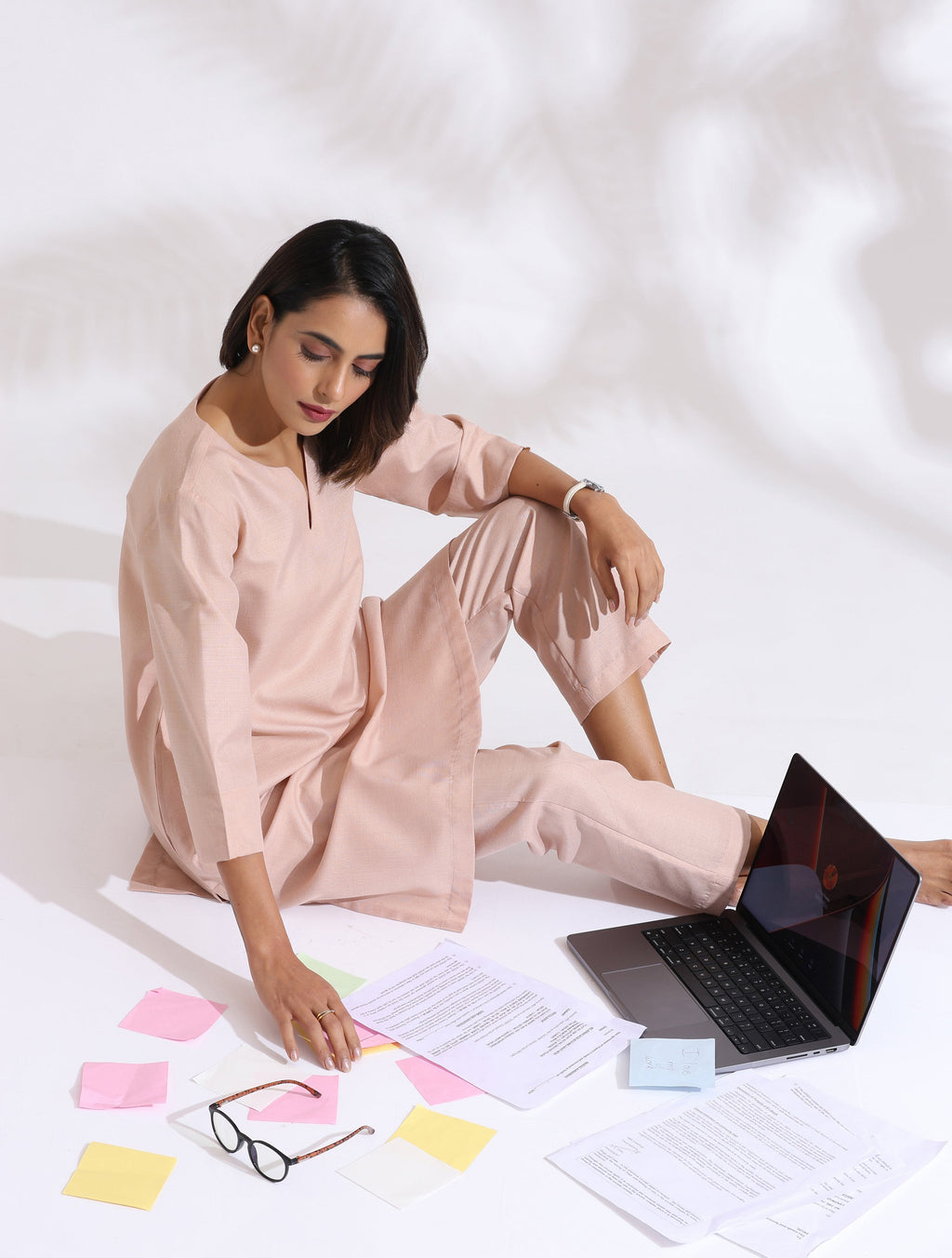 trueBrowns Light Pink Slub Kurta Co-ord Set