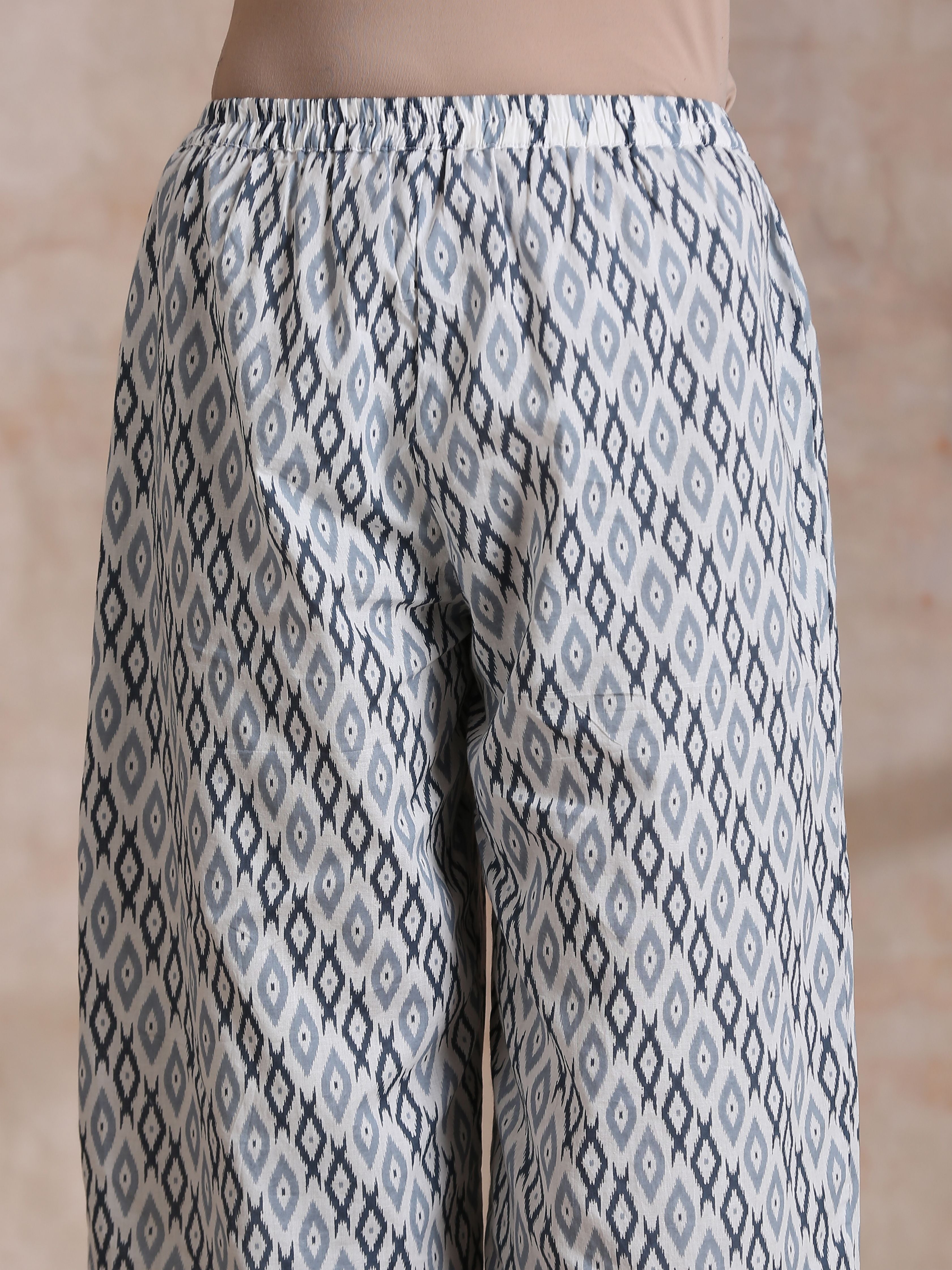 trueBrowns Multi Grey On Grey Ikat Print Cotton High-Low Co-Ord Set