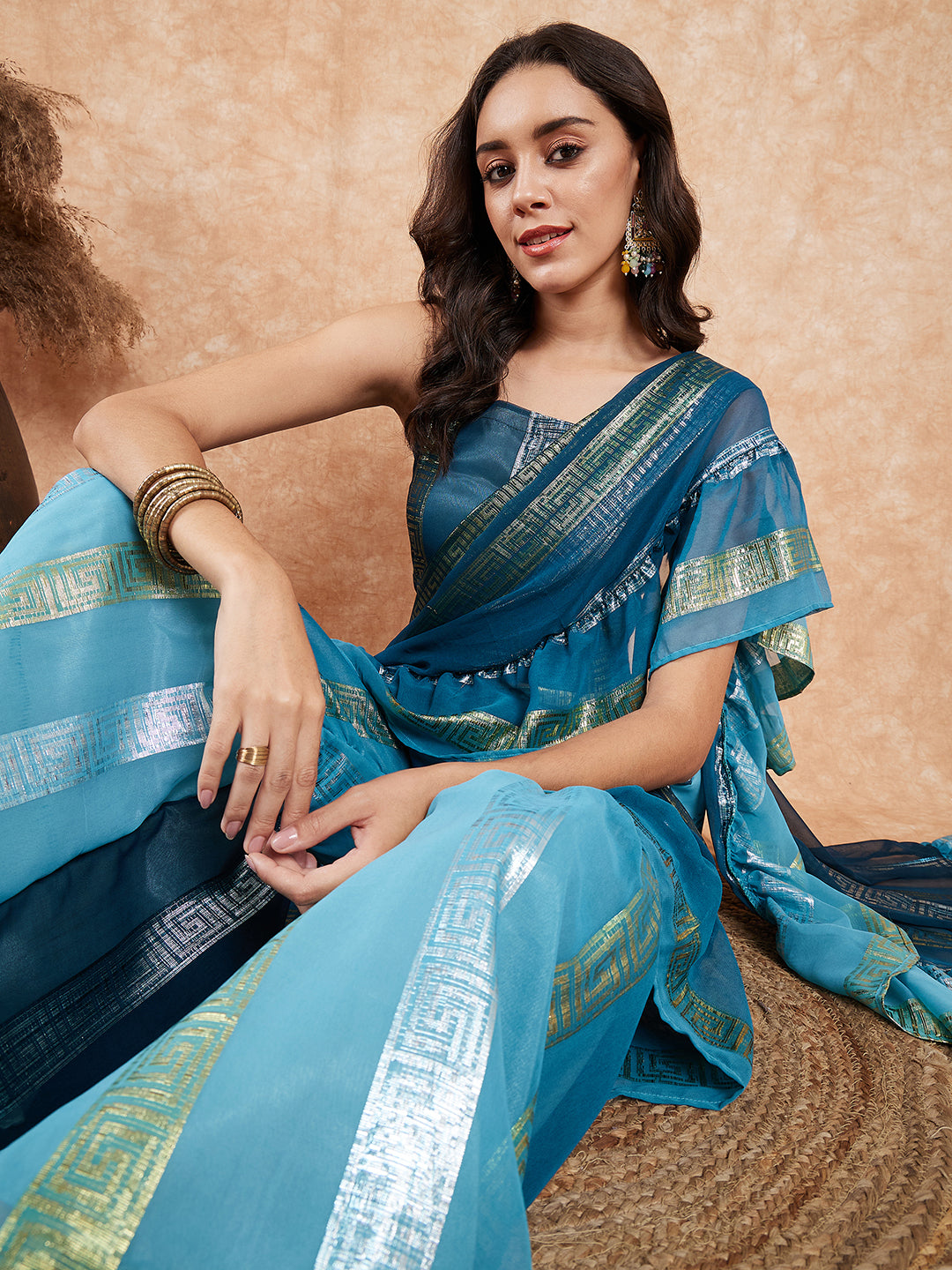InWeave Women's Teal Shaded Lurex Frill Sharara Saree