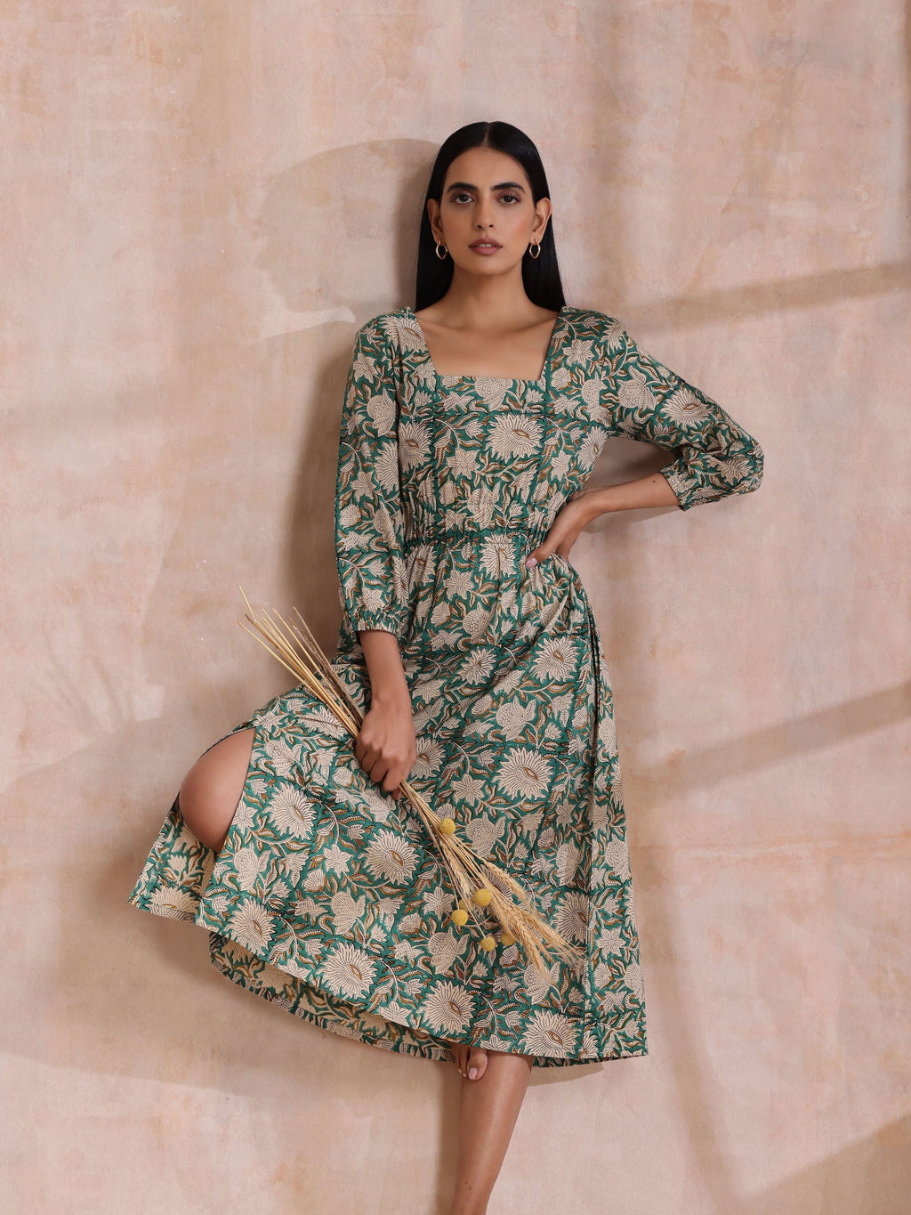 trueBrowns Fern Green Overall Floral Block Print Cotton Square Neck Dress
