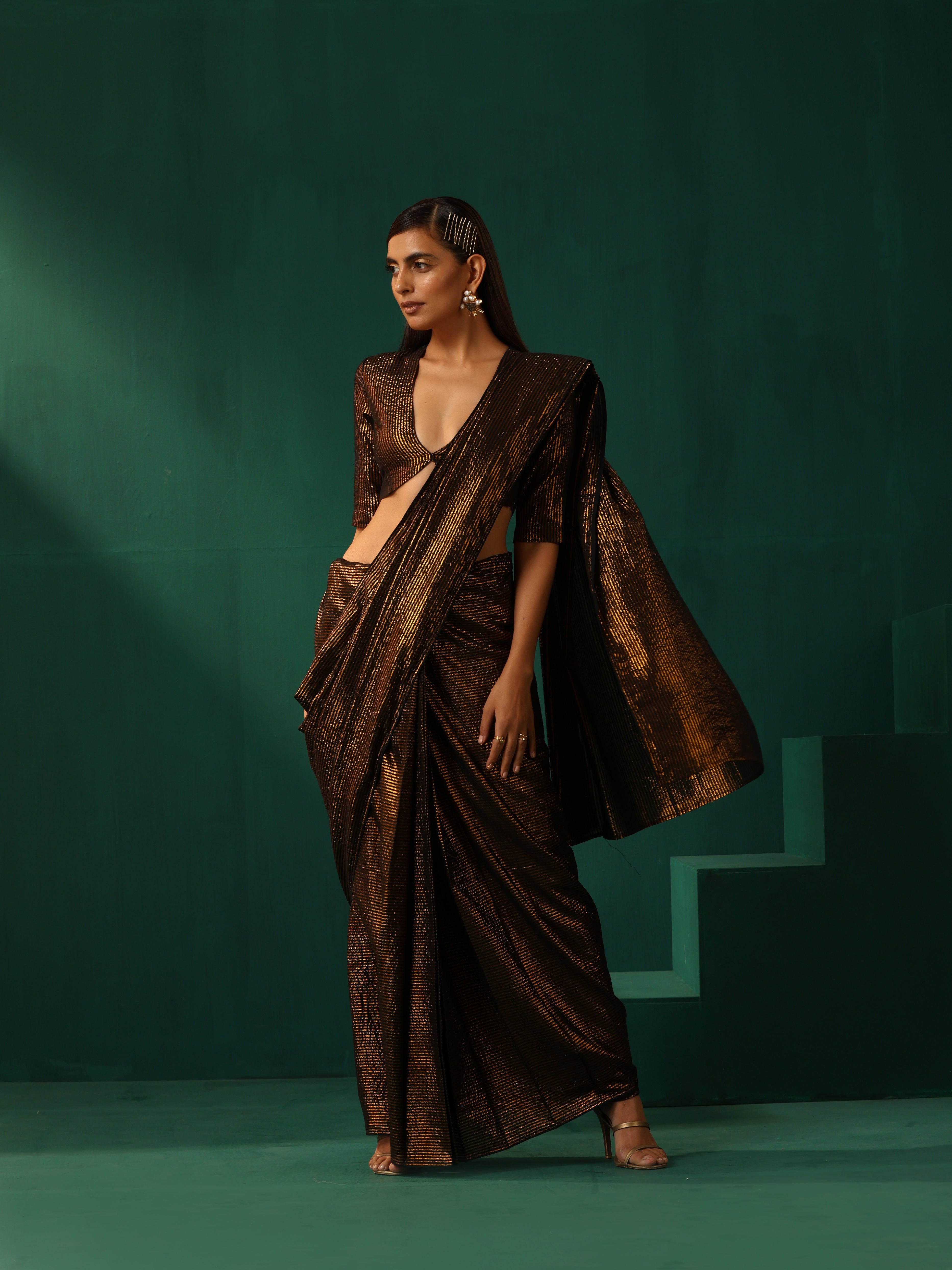 trueBrowns Black Cotton Gold Lurex Striped Ready to Wear Saree