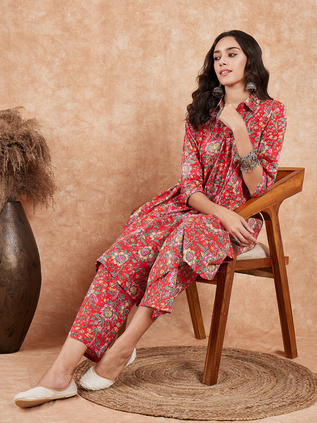InWeave Women's Red Yellow Floral Print Flared Kurta Pant Set