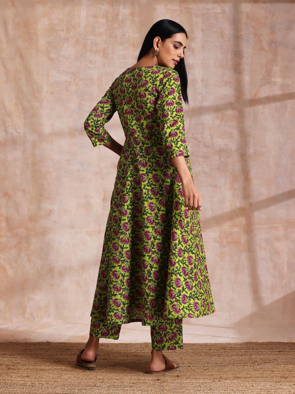 trueBrowns Lime Green Overall Pink Floral Block Print Cotton Flared Kurta Pant Set