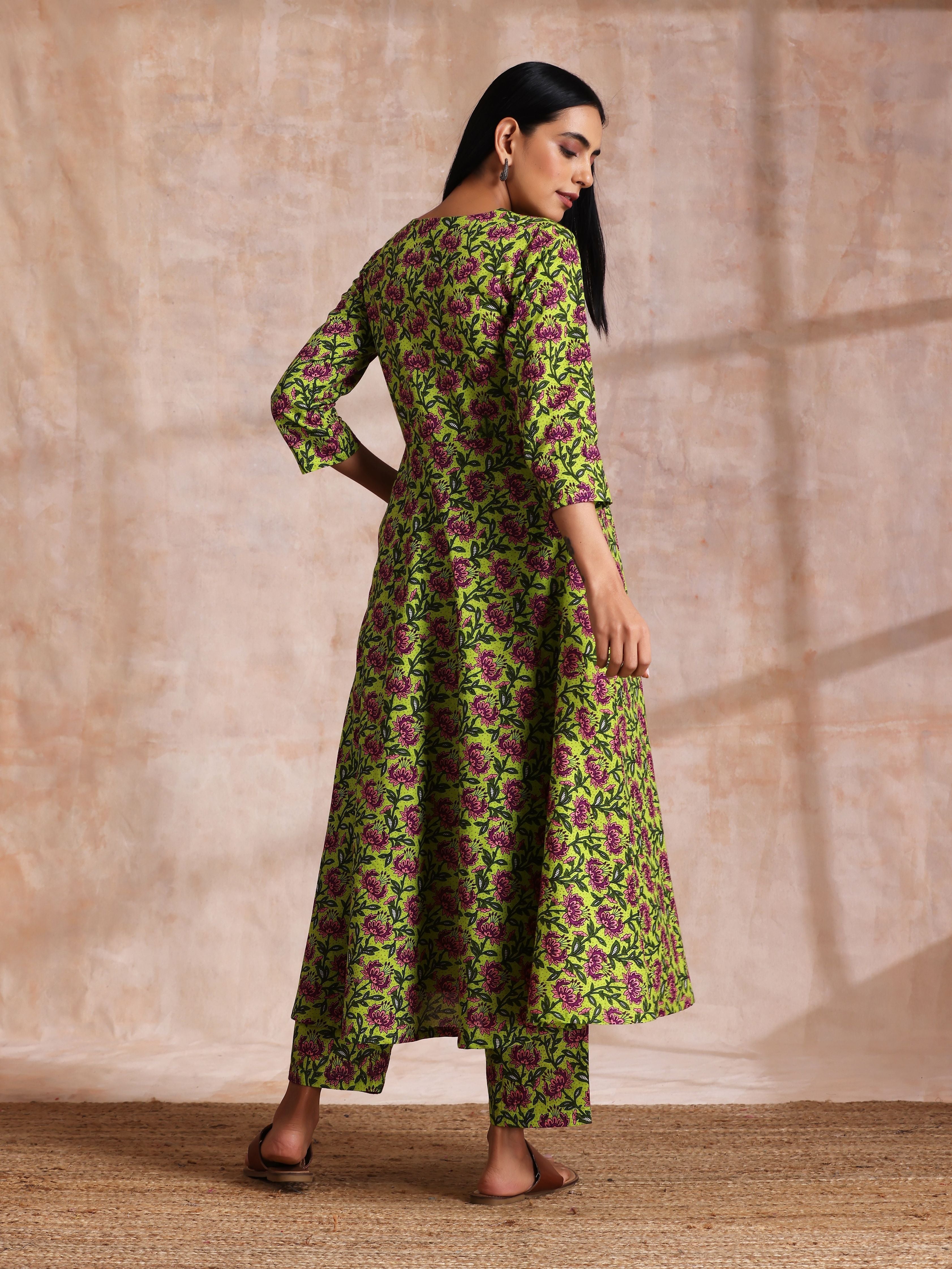 trueBrowns Lime Green Overall Pink Floral Block Print Cotton Flared Kurta Pant Set