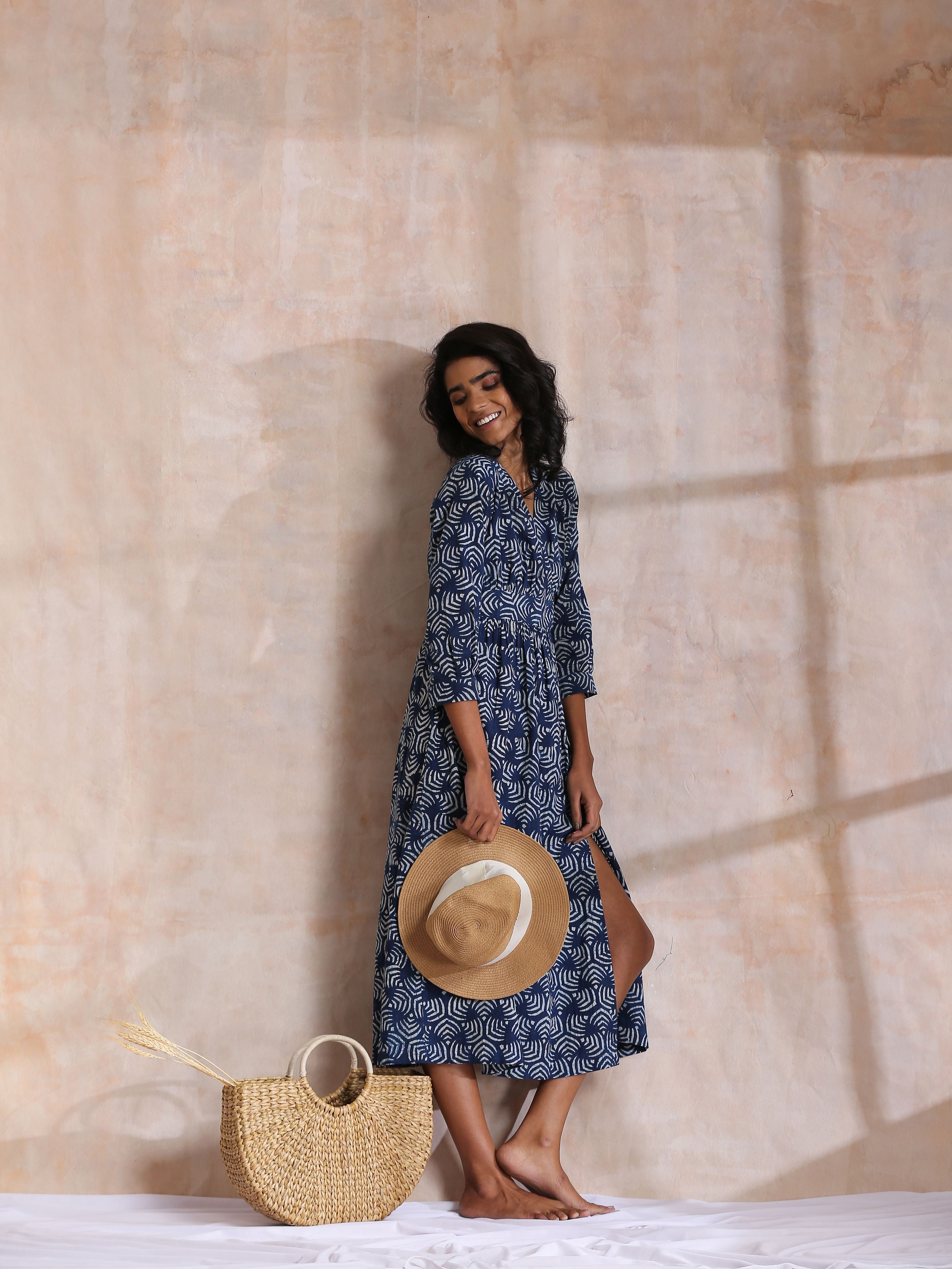 trueBrowns Indigo Dabu Overall Print Cotton Wrap Dress