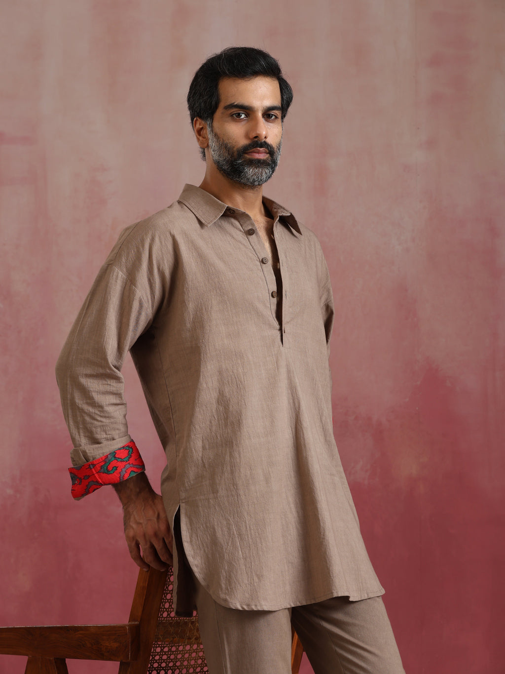 trueBrowns Men's Grey Cotton Shirt Collar Stylized Kurta Co-ord set