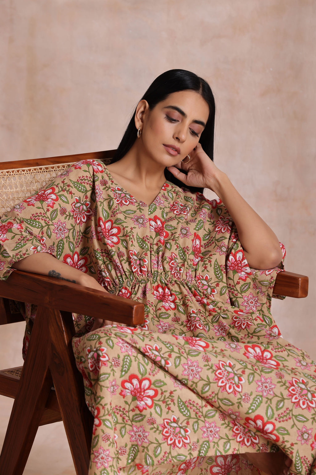 trueBrowns Beige Overall Big Floral Block Print Cotton Kaftan Dress