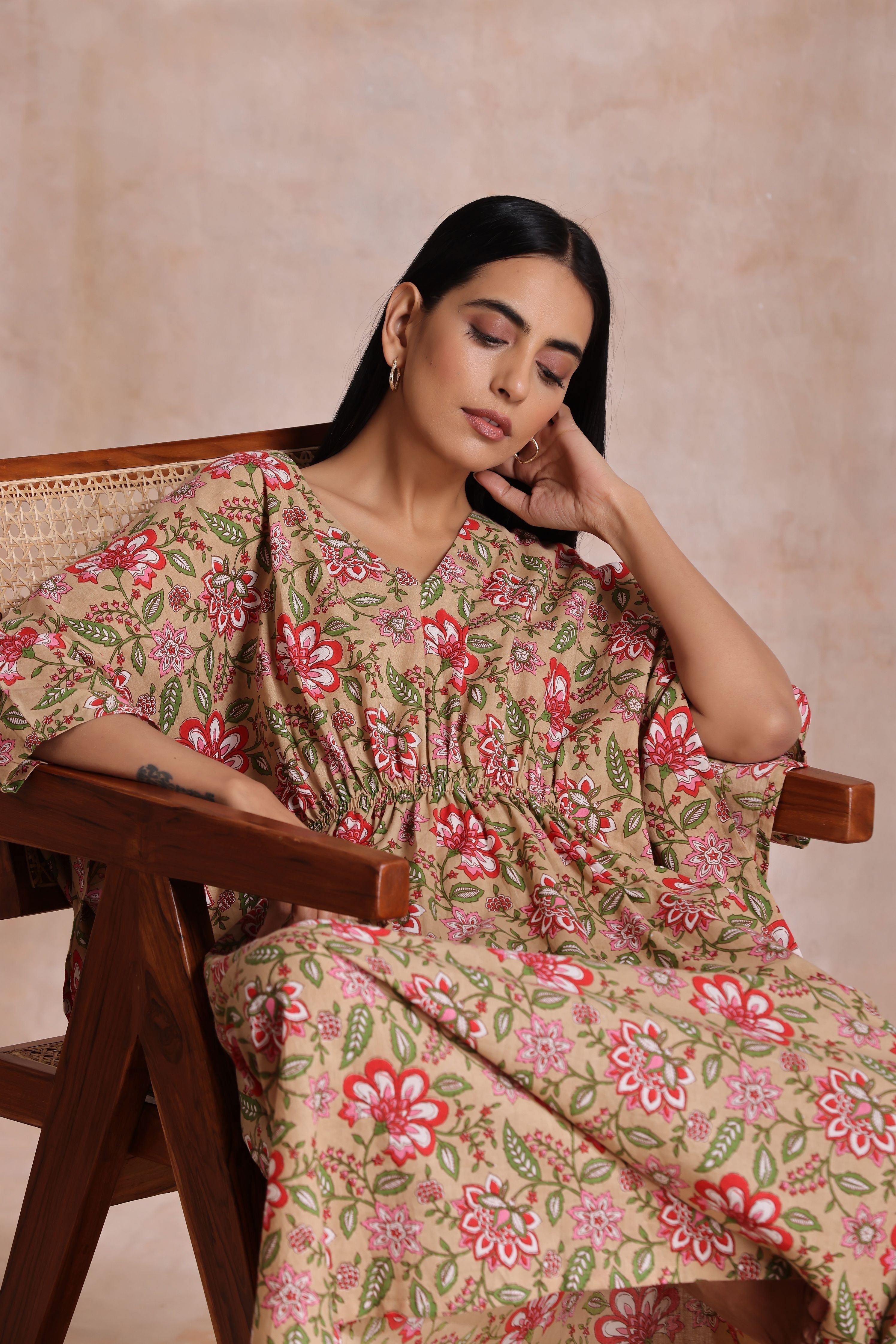 trueBrowns Beige Overall Big Floral Block Print Cotton Kaftan Dress