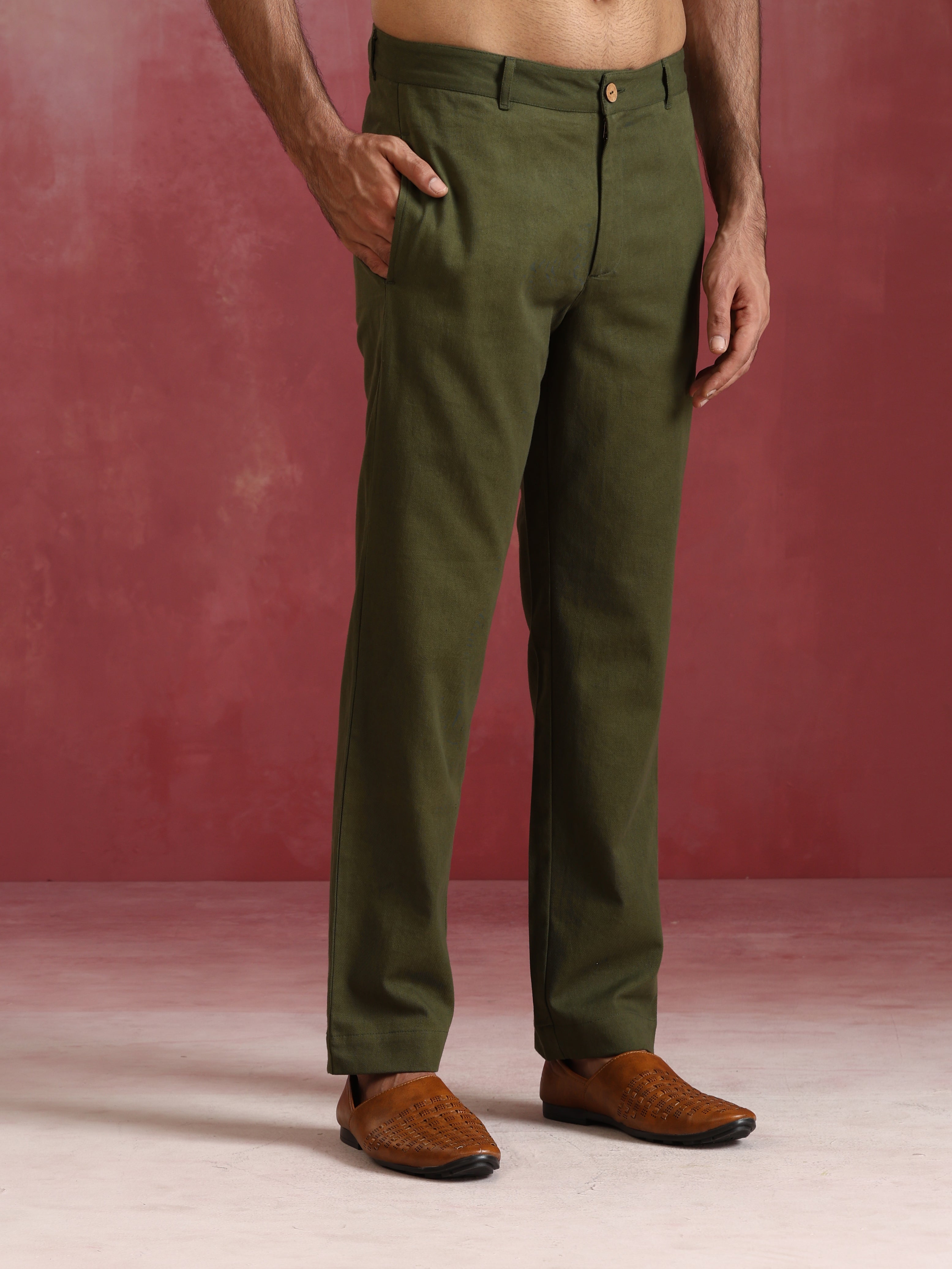 trueBrowns Men's Olive green Cotton Mandarin Collar Kurta Co-ord set