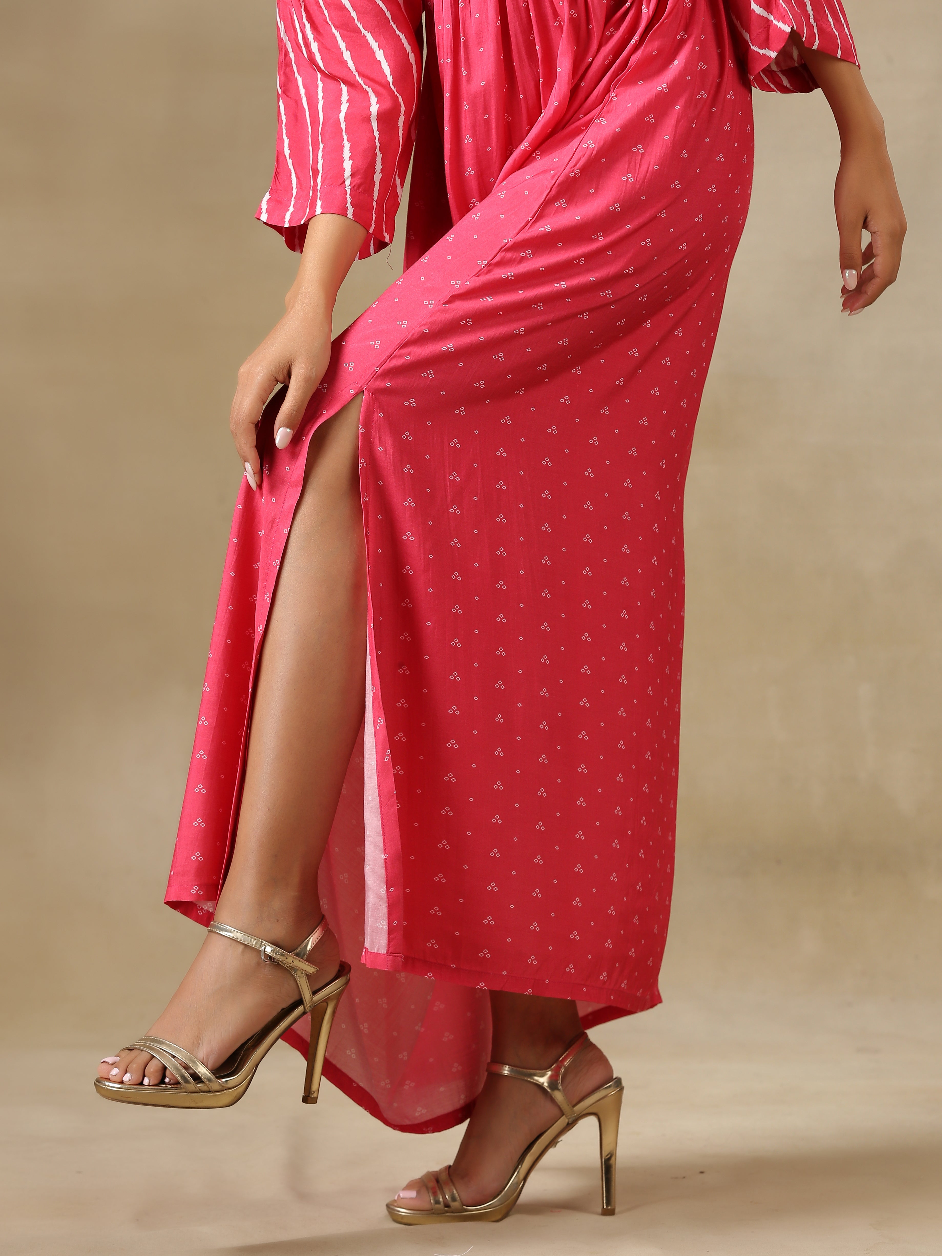 trueBrowns Pink Bandhani Printed Silk Drop Shoulder Dress
