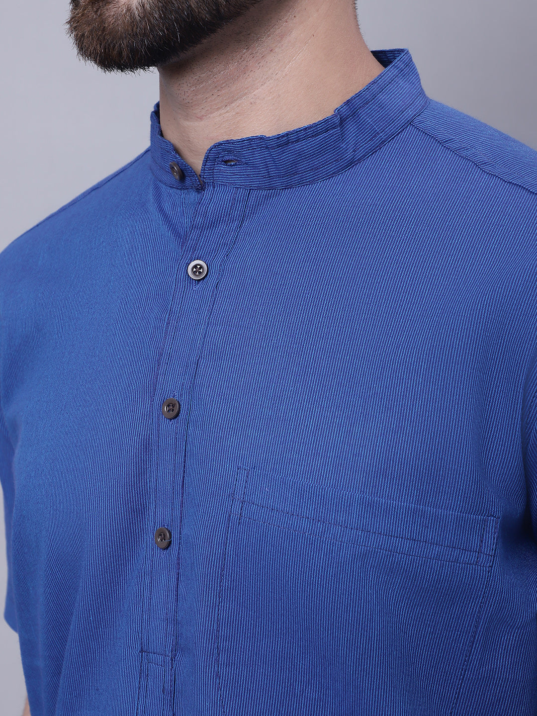 Even Apparels Blue Pure Cotton Short Sleeves Kurta With Band Collar